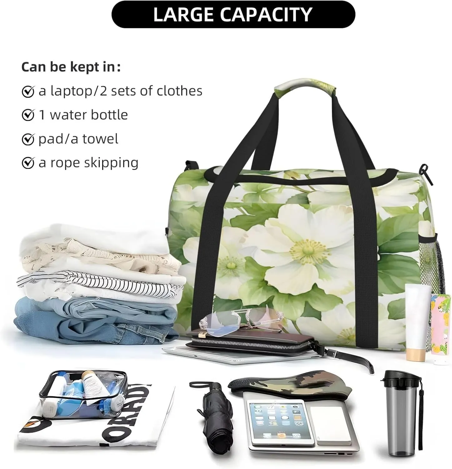 Travel Duffel Bag For Men Women, Fresh White Green Flowers Carry On Sport Gym Bag With Shoulder Strap Lightweight Waterproof Weekender Bag Overnight Bag
