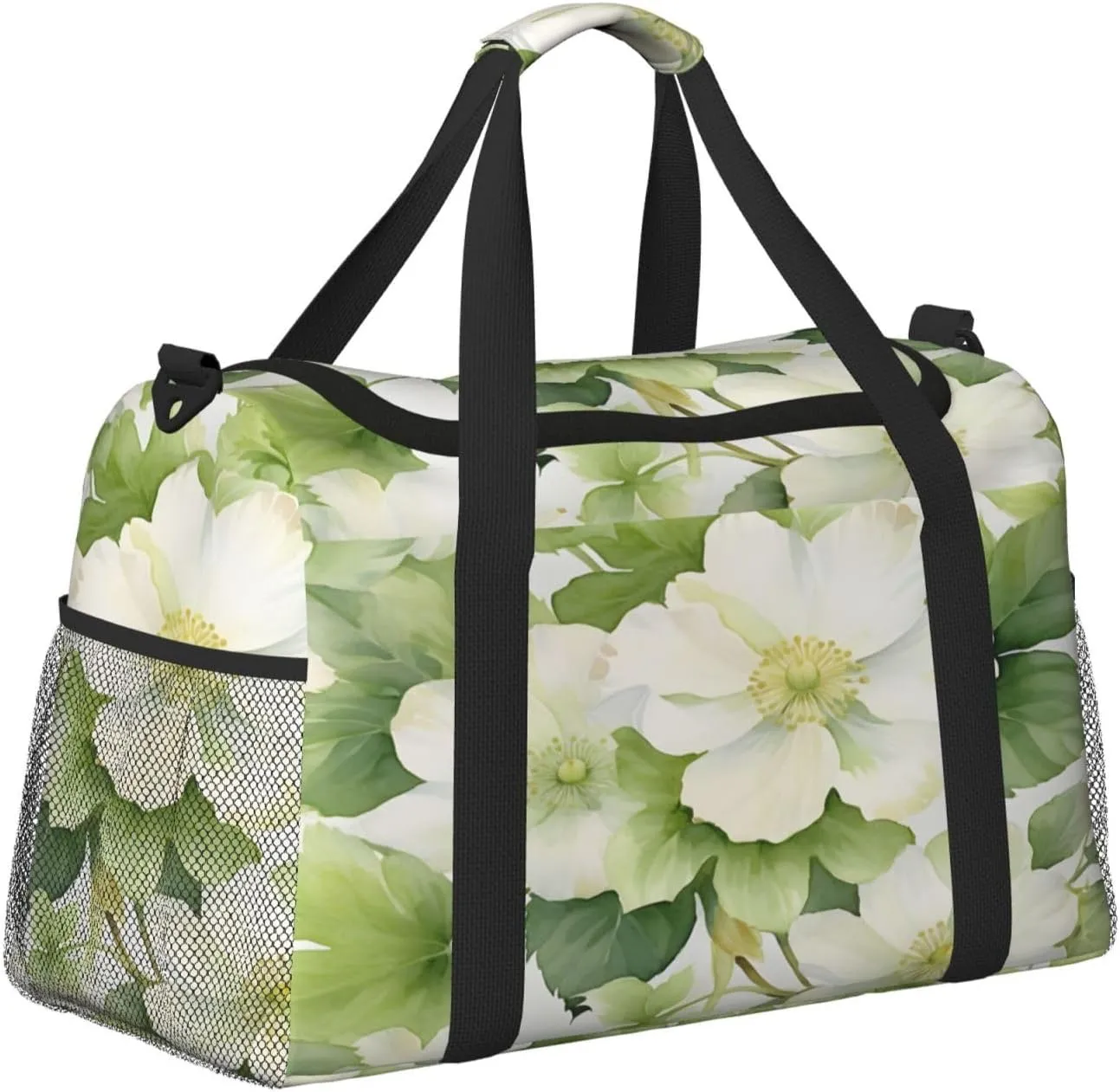 Travel Duffel Bag For Men Women, Fresh White Green Flowers Carry On Sport Gym Bag With Shoulder Strap Lightweight Waterproof Weekender Bag Overnight Bag