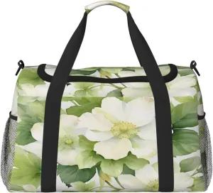 Travel Duffel Bag For Men Women, Fresh White Green Flowers Carry On Sport Gym Bag With Shoulder Strap Lightweight Waterproof Weekender Bag Overnight Bag