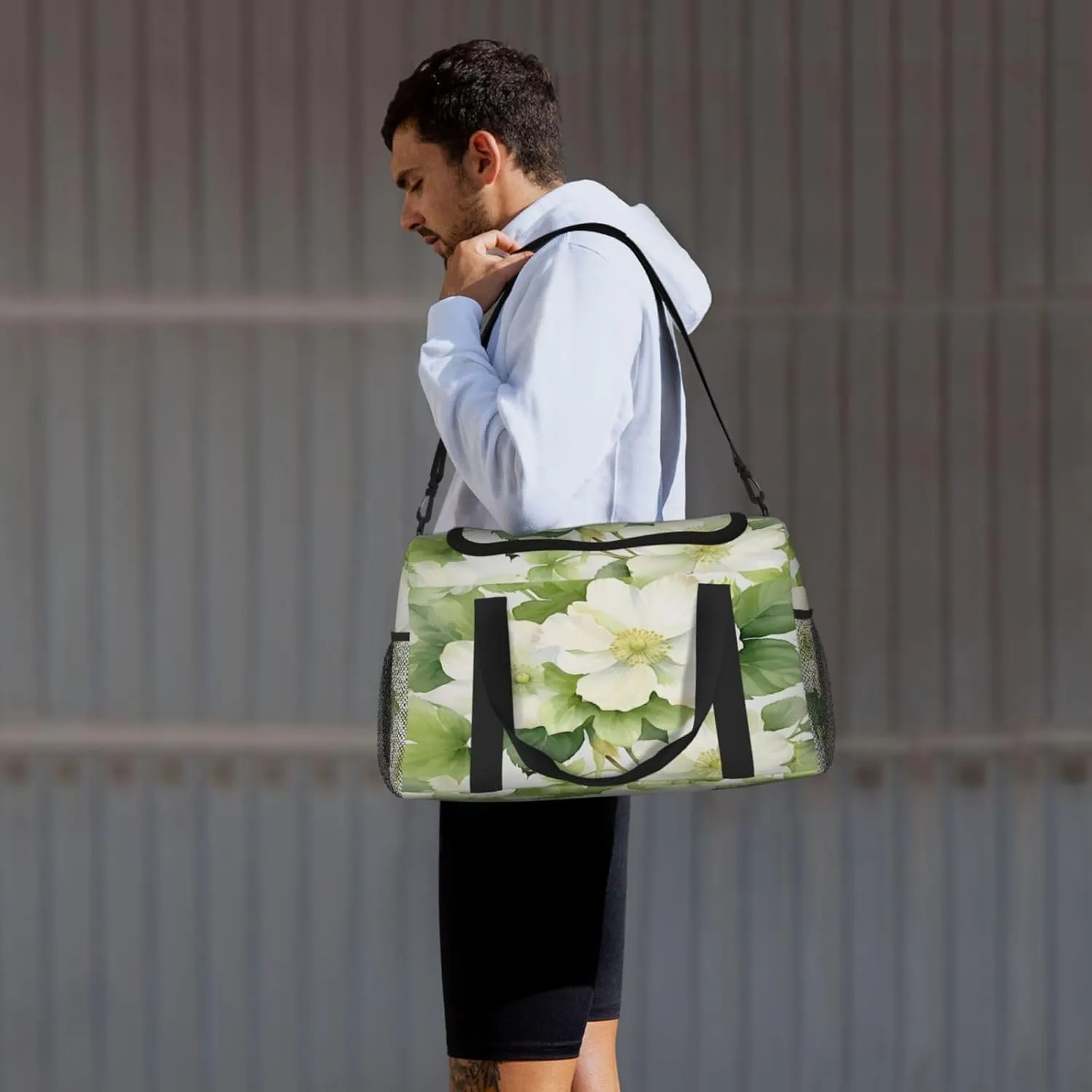Travel Duffel Bag For Men Women, Fresh White Green Flowers Carry On Sport Gym Bag With Shoulder Strap Lightweight Waterproof Weekender Bag Overnight Bag