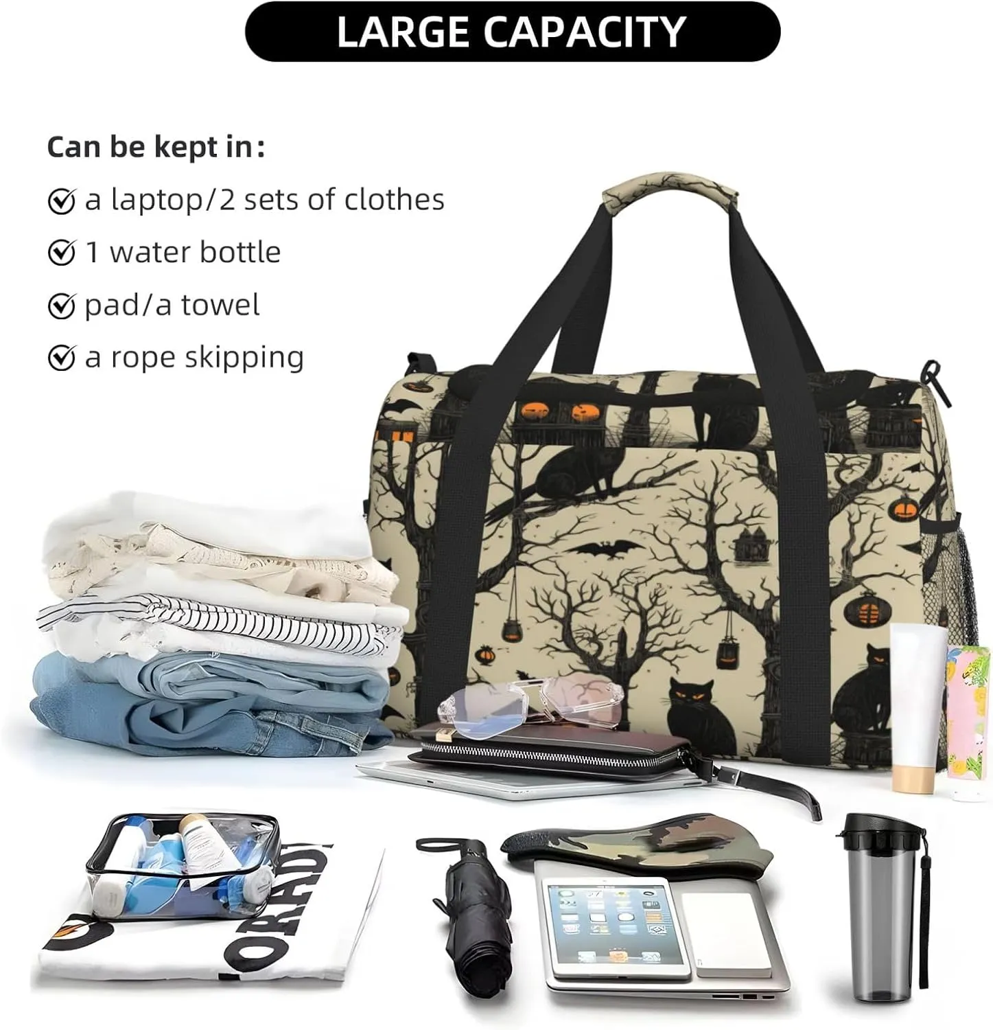 Travel Duffel Bag For Men Women, Halloween Black Cat Crow Birds Carry On Sport Gym Bag With Shoulder Strap Lightweight Waterproof Weekender Bag Overnight Bag