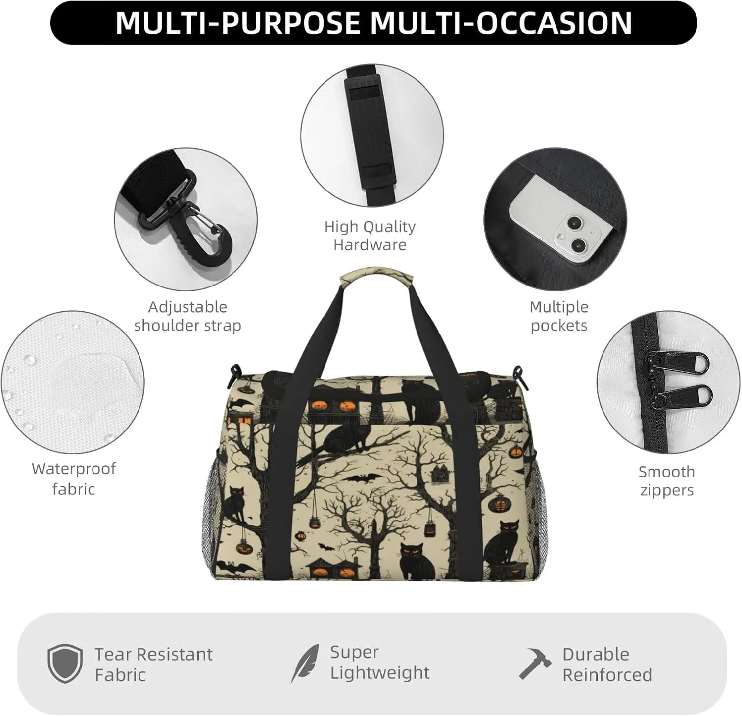 Travel Duffel Bag For Men Women, Halloween Black Cat Crow Birds Carry On Sport Gym Bag With Shoulder Strap Lightweight Waterproof Weekender Bag Overnight Bag