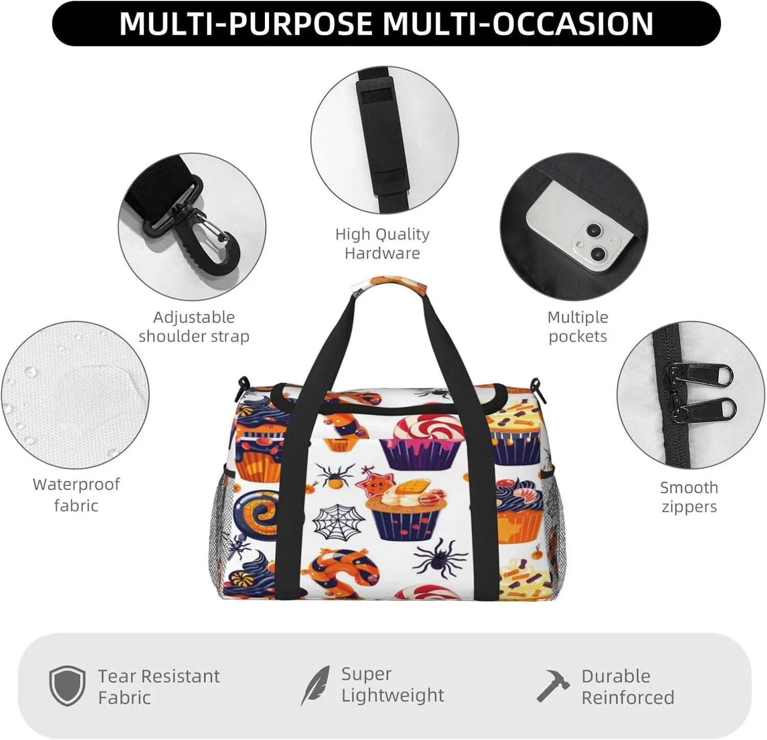 Travel Duffel Bag For Men Women, Halloween Cakes Candy Pattern Carry On Sport Gym Bag With Shoulder Strap Lightweight Waterproof Weekender Bag Overnight Bag