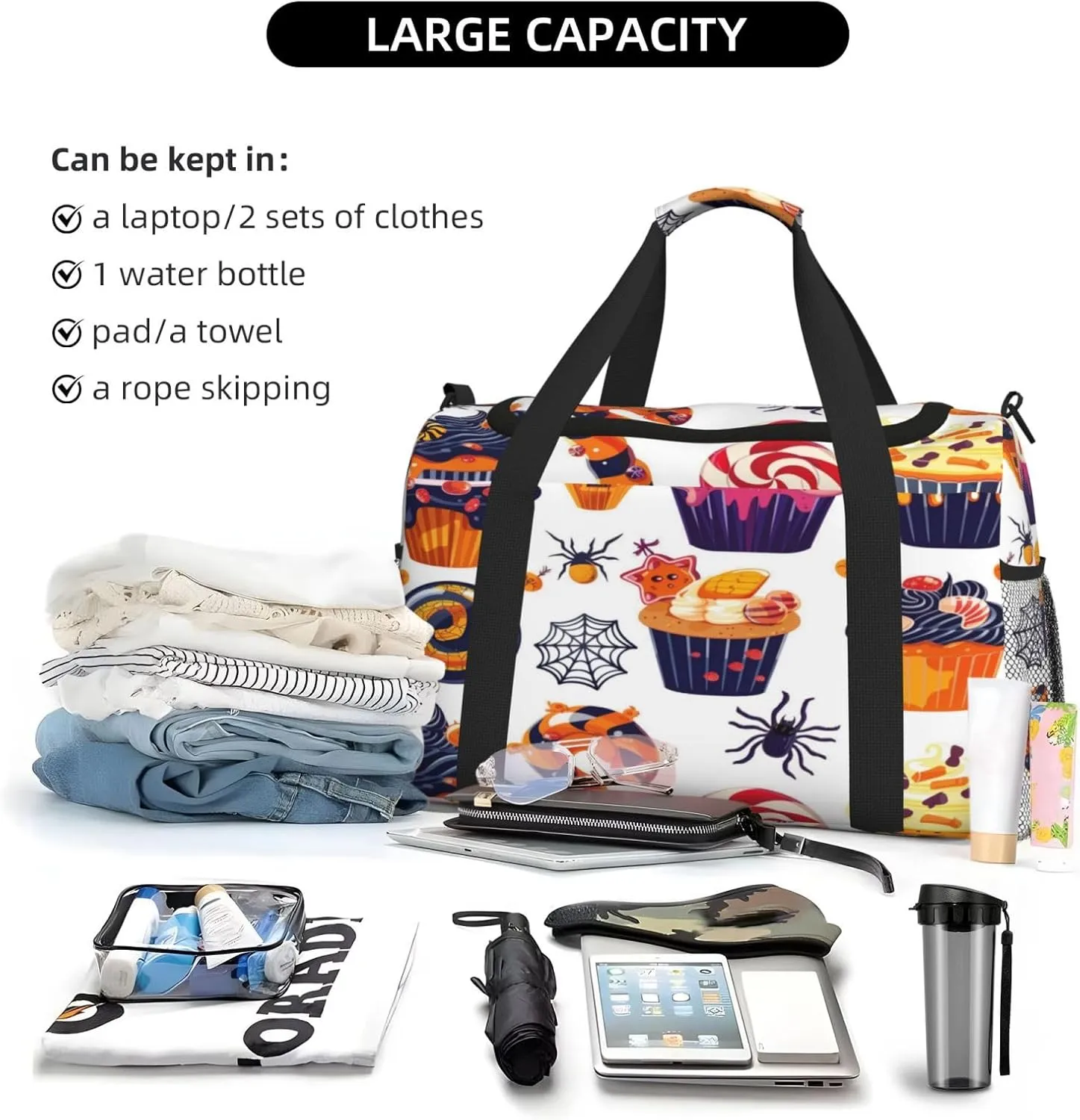 Travel Duffel Bag For Men Women, Halloween Cakes Candy Pattern Carry On Sport Gym Bag With Shoulder Strap Lightweight Waterproof Weekender Bag Overnight Bag