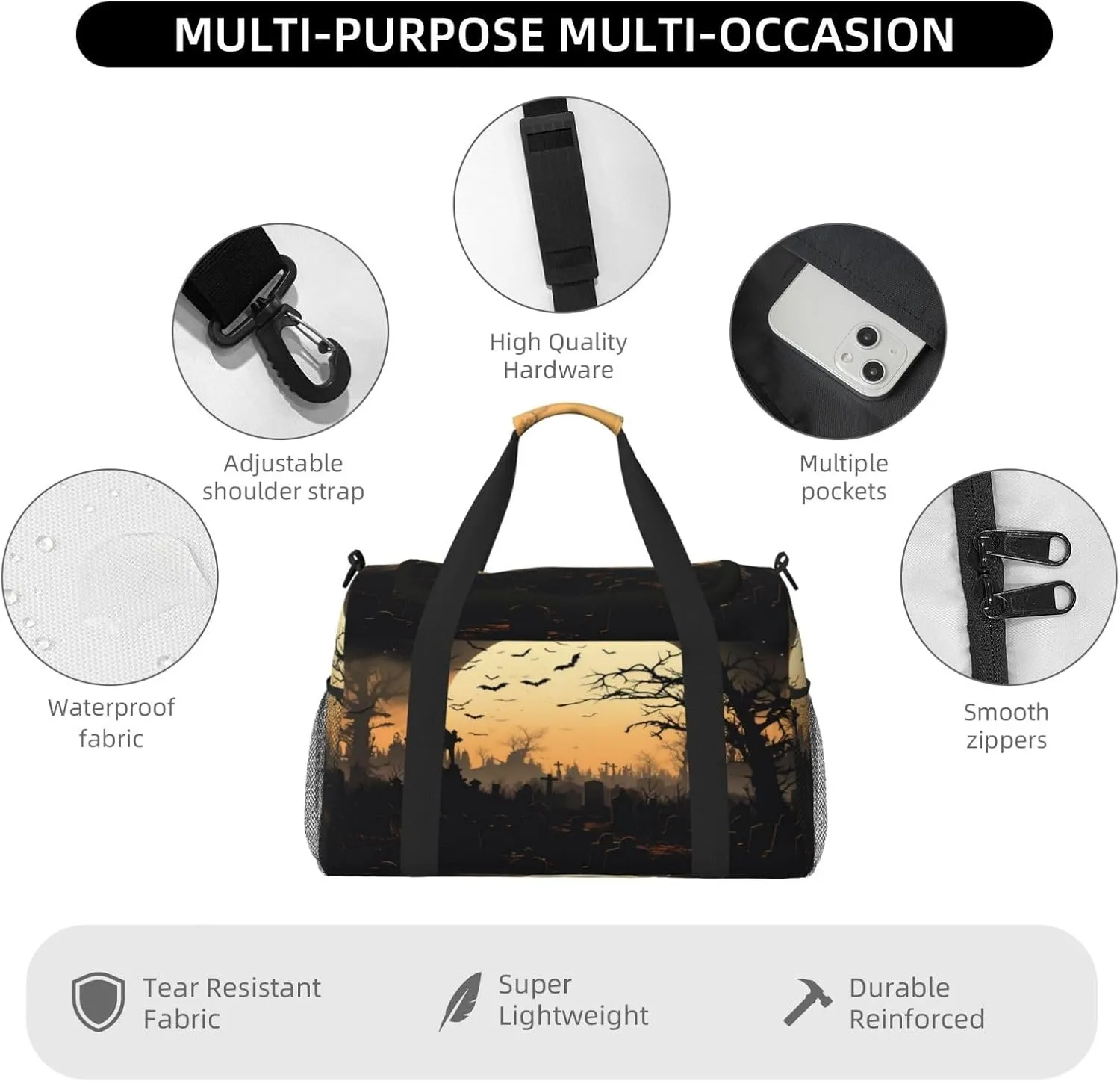Travel Duffel Bag For Men Women, Halloween Moon Night Bats Tree Carry On Sport Gym Bag With Shoulder Strap Lightweight Waterproof Weekender Bag Overnight Bag