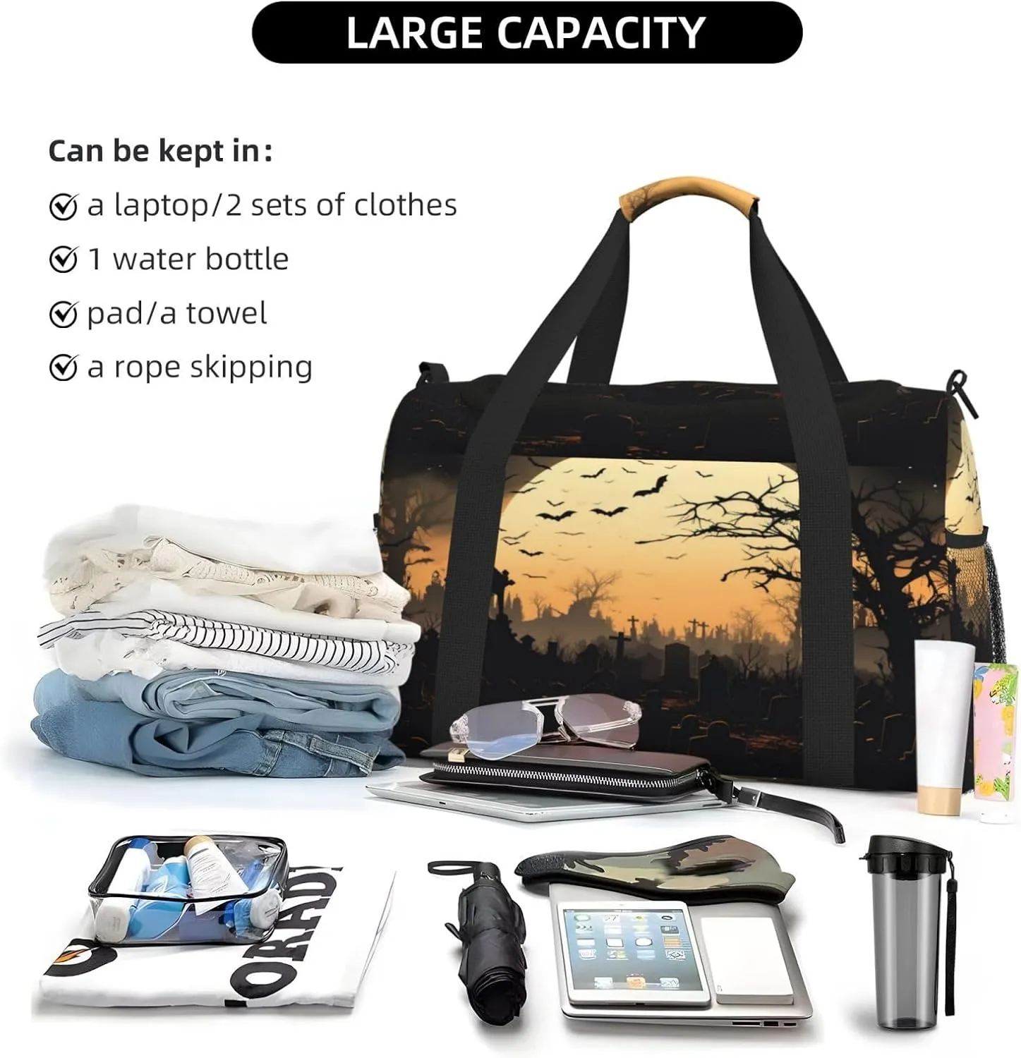 Travel Duffel Bag For Men Women, Halloween Moon Night Bats Tree Carry On Sport Gym Bag With Shoulder Strap Lightweight Waterproof Weekender Bag Overnight Bag