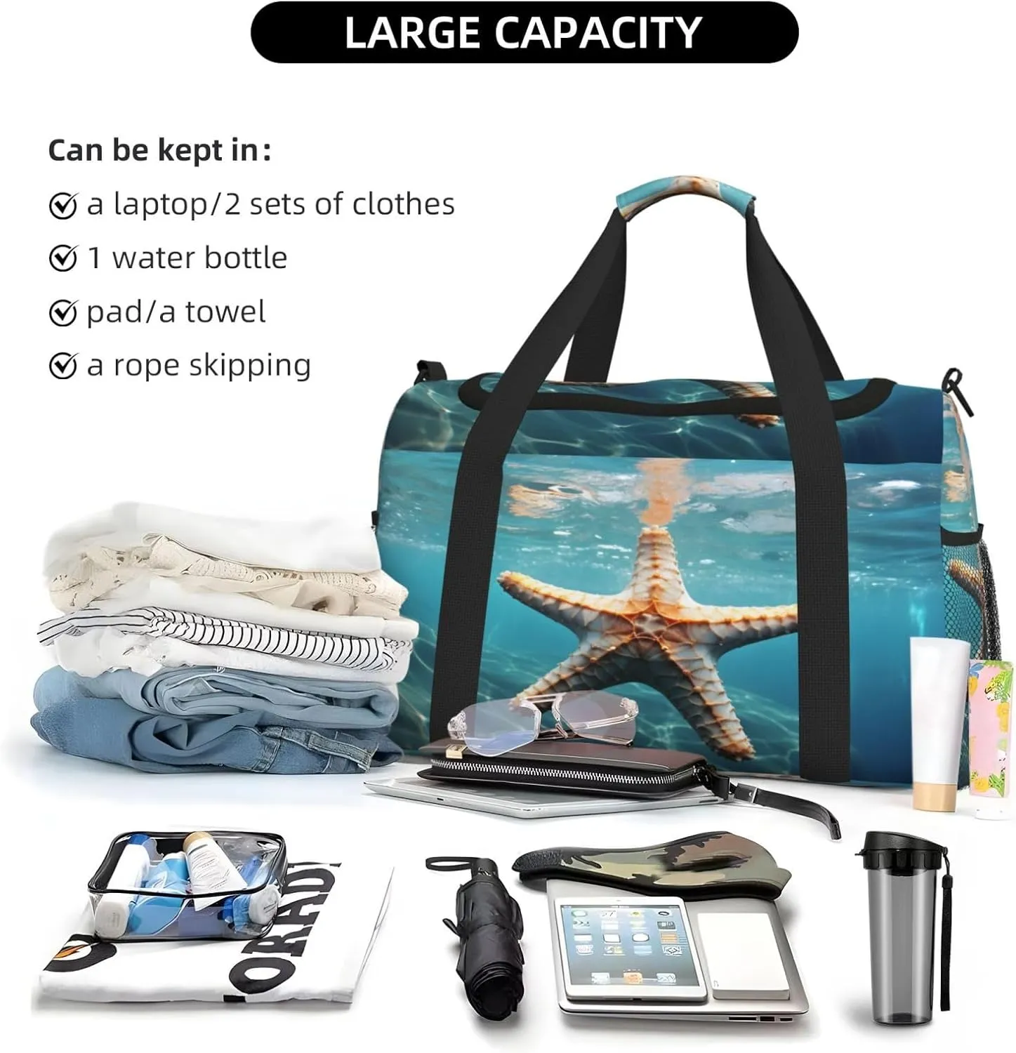 Travel Duffel Bag For Men Women, Ocean Sea Starfish Carry On Sport Gym Bag With Shoulder Strap Lightweight Waterproof Weekender Bag Overnight Bag