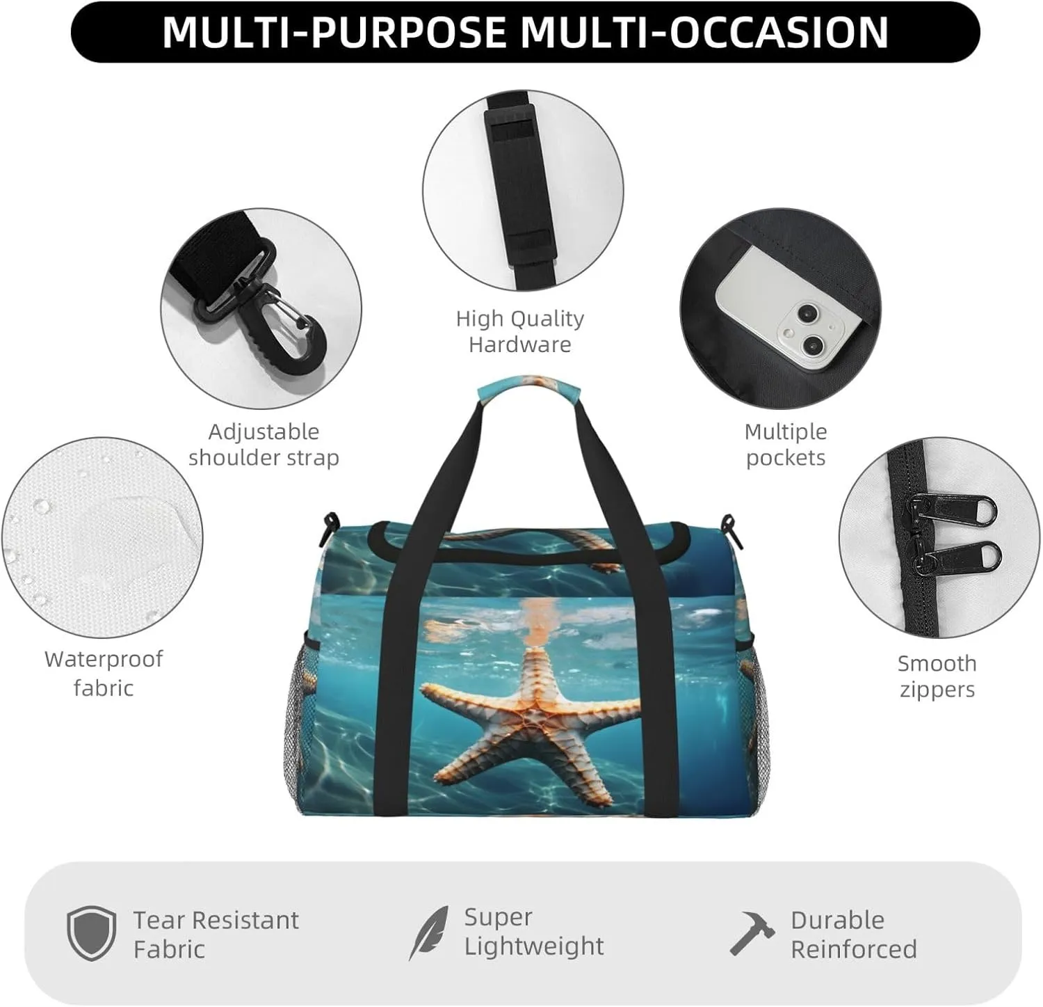 Travel Duffel Bag For Men Women, Ocean Sea Starfish Carry On Sport Gym Bag With Shoulder Strap Lightweight Waterproof Weekender Bag Overnight Bag