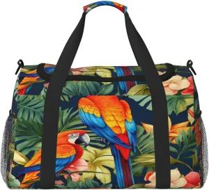 Travel Duffel Bag For Men Women, Tropical Macaws Toucans Birds Floral Carry On Sport Gym Bag With Shoulder Strap Lightweight Waterproof Weekender Bag Overnight Bag