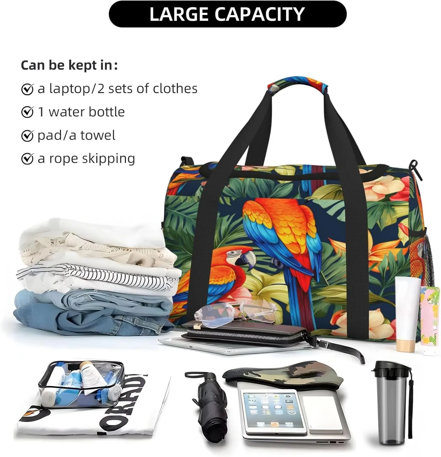 Travel Duffel Bag For Men Women, Tropical Macaws Toucans Birds Floral Carry On Sport Gym Bag With Shoulder Strap Lightweight Waterproof Weekender Bag Overnight Bag