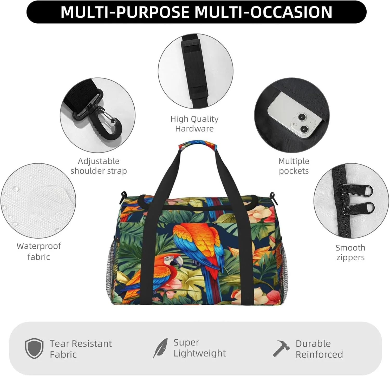 Travel Duffel Bag For Men Women, Tropical Macaws Toucans Birds Floral Carry On Sport Gym Bag With Shoulder Strap Lightweight Waterproof Weekender Bag Overnight Bag