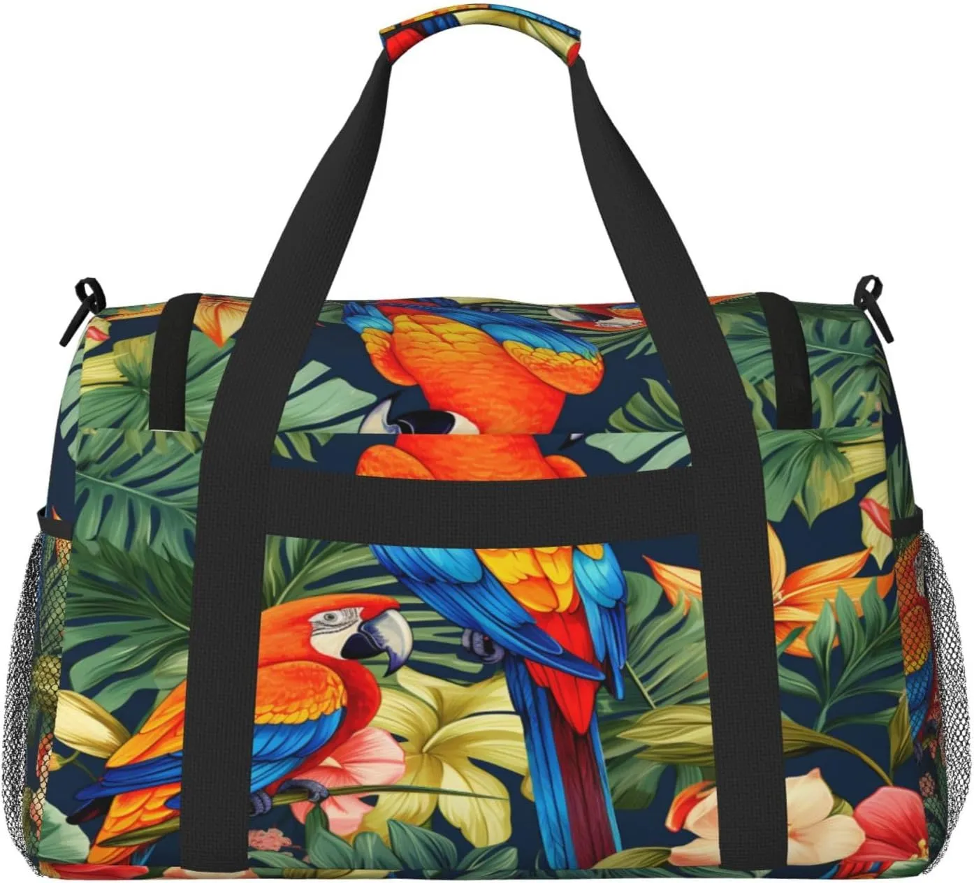 Travel Duffel Bag For Men Women, Tropical Macaws Toucans Birds Floral Carry On Sport Gym Bag With Shoulder Strap Lightweight Waterproof Weekender Bag Overnight Bag