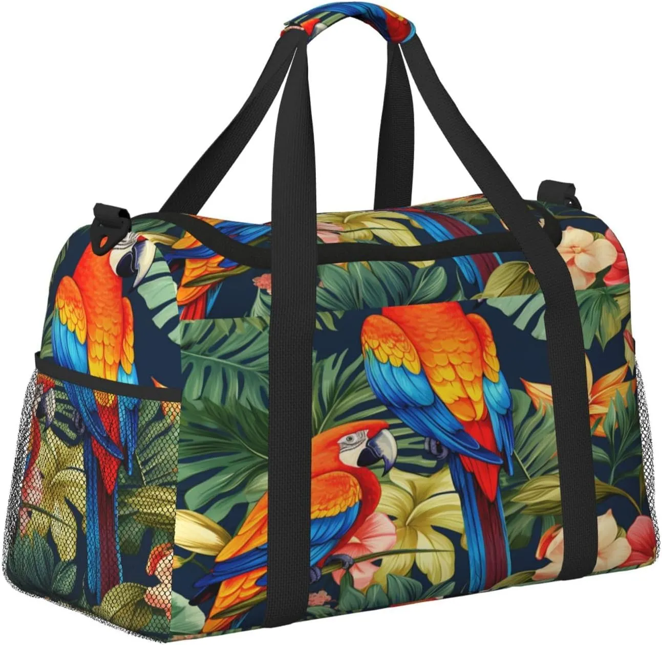 Travel Duffel Bag For Men Women, Tropical Macaws Toucans Birds Floral Carry On Sport Gym Bag With Shoulder Strap Lightweight Waterproof Weekender Bag Overnight Bag