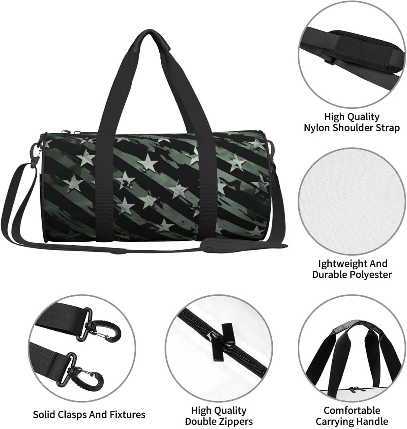 Travel Duffel Bag Green Black Stars And Stripes Weekender Overnight Bag For Men Women Large Capacity Sports Gym Bag Canvas Carry On Tote Bags For Travel Yoga