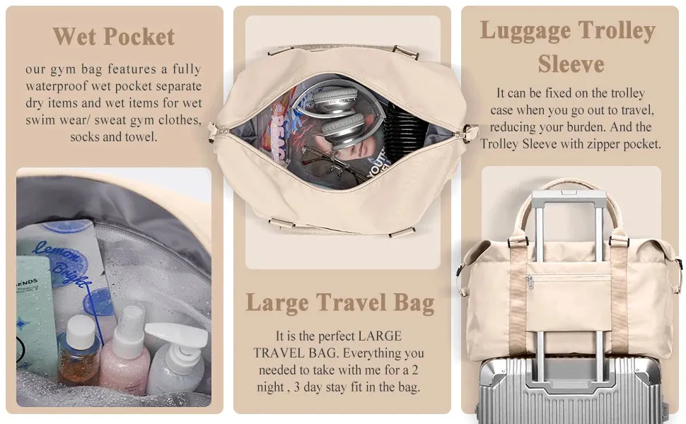 Travel Duffel Bag, Sports Tote Gym Bag, Shoulder Weekender Overnight Bags for Women with Trolley Sleeve, Foldable Carry on Bag