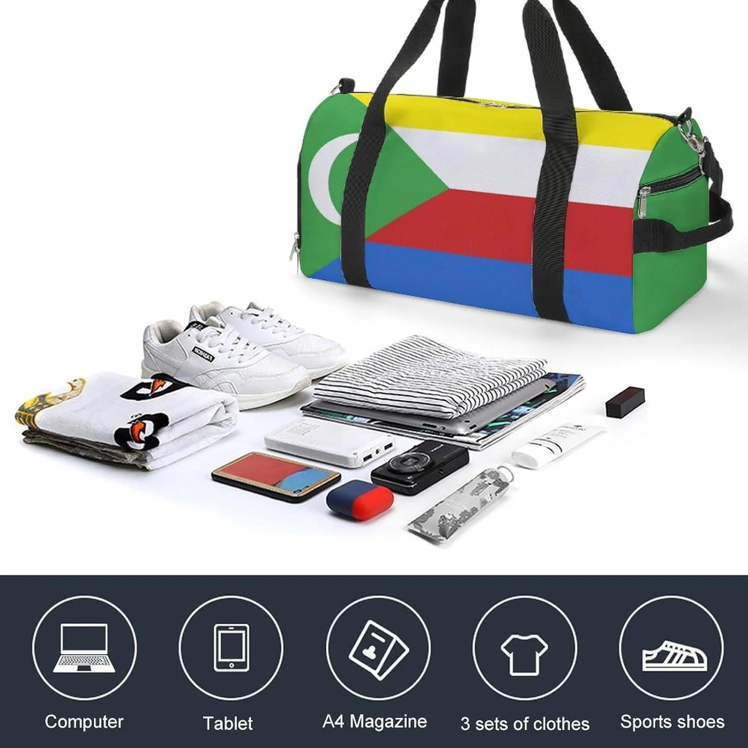 Travel Duffel with Comoros Flag for Boys Girls Waterproof Shoe Compartment