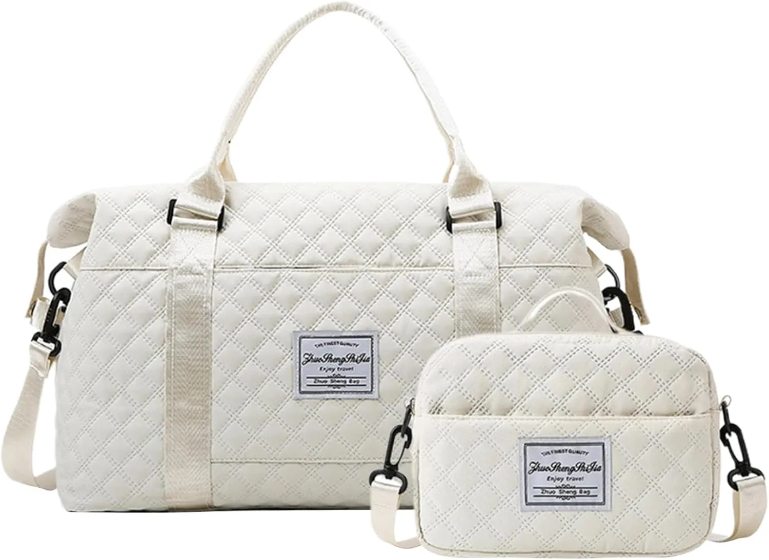 Travel Duffle Bag and Small Toiletry Bag Set Waterproof Overnight Dry with Wet Separated Pocket Large Capacity Weekender Luggage with Trolley Sleeve White