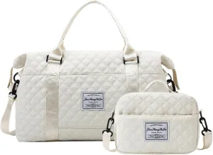 Travel Duffle Bag and Small Toiletry Bag Set Waterproof Overnight Dry with Wet Separated Pocket Large Capacity Weekender Luggage with Trolley Sleeve White