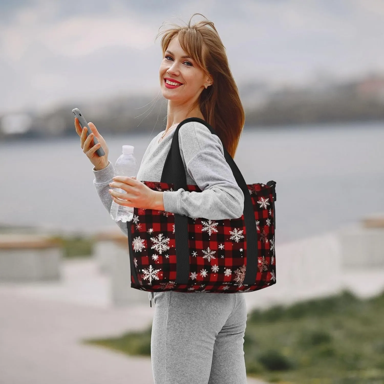 Travel Duffle Bag Christmas Red Buffalo Plaid Weekender Overnight Bags Luggage Bag for Women Men Waterproof Sports Gym Bag Hand Bag with Shoulder Strap