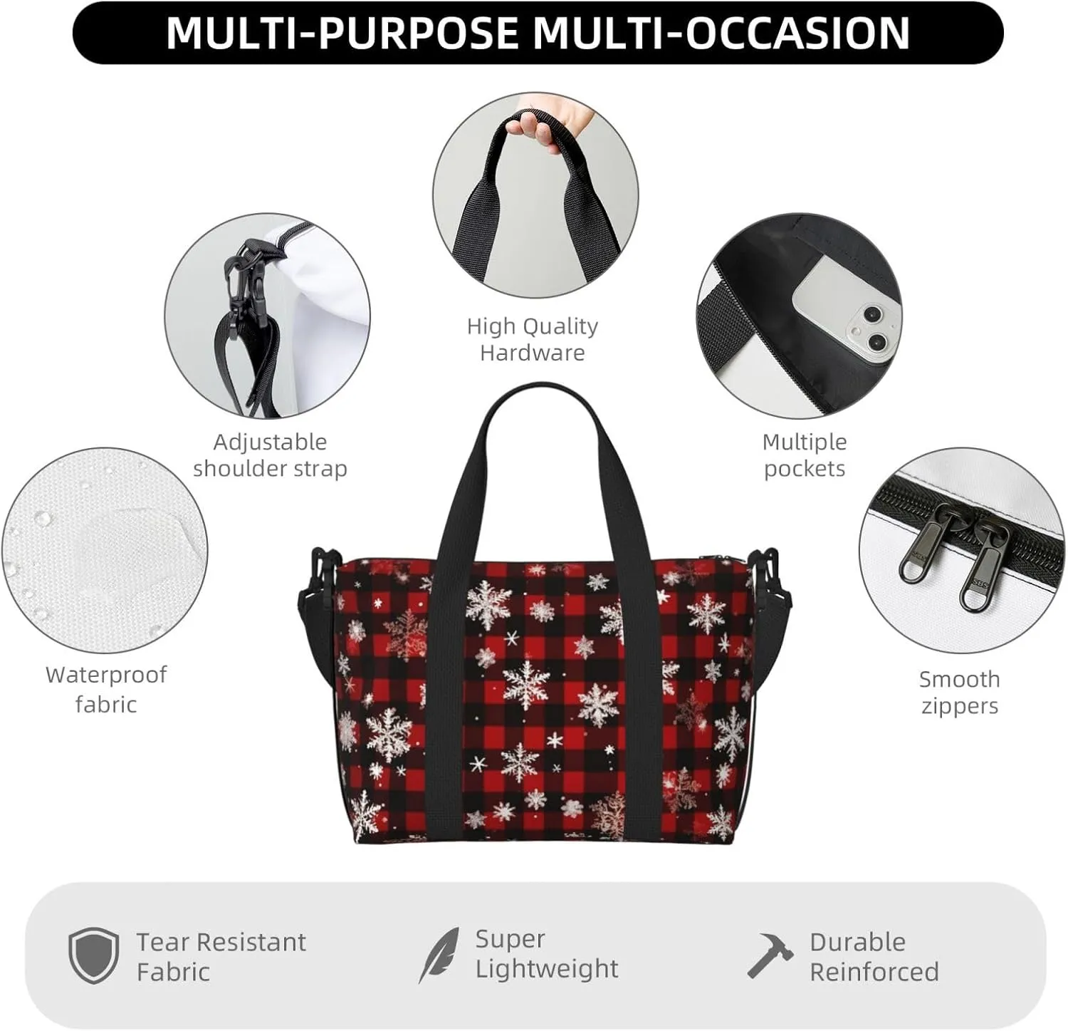 Travel Duffle Bag Christmas Red Buffalo Plaid Weekender Overnight Bags Luggage Bag for Women Men Waterproof Sports Gym Bag Hand Bag with Shoulder Strap