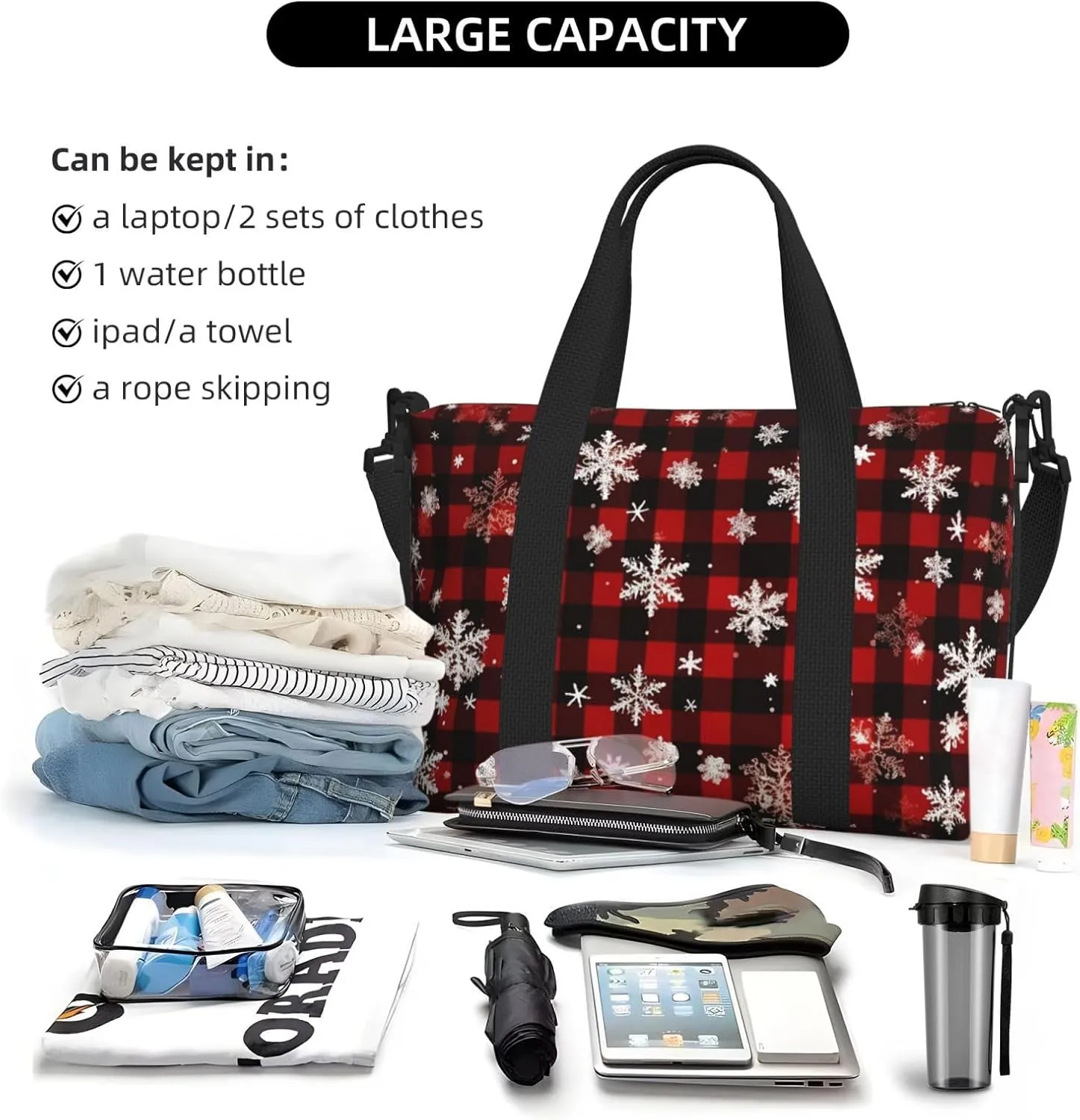 Travel Duffle Bag Christmas Red Buffalo Plaid Weekender Overnight Bags Luggage Bag for Women Men Waterproof Sports Gym Bag Hand Bag with Shoulder Strap