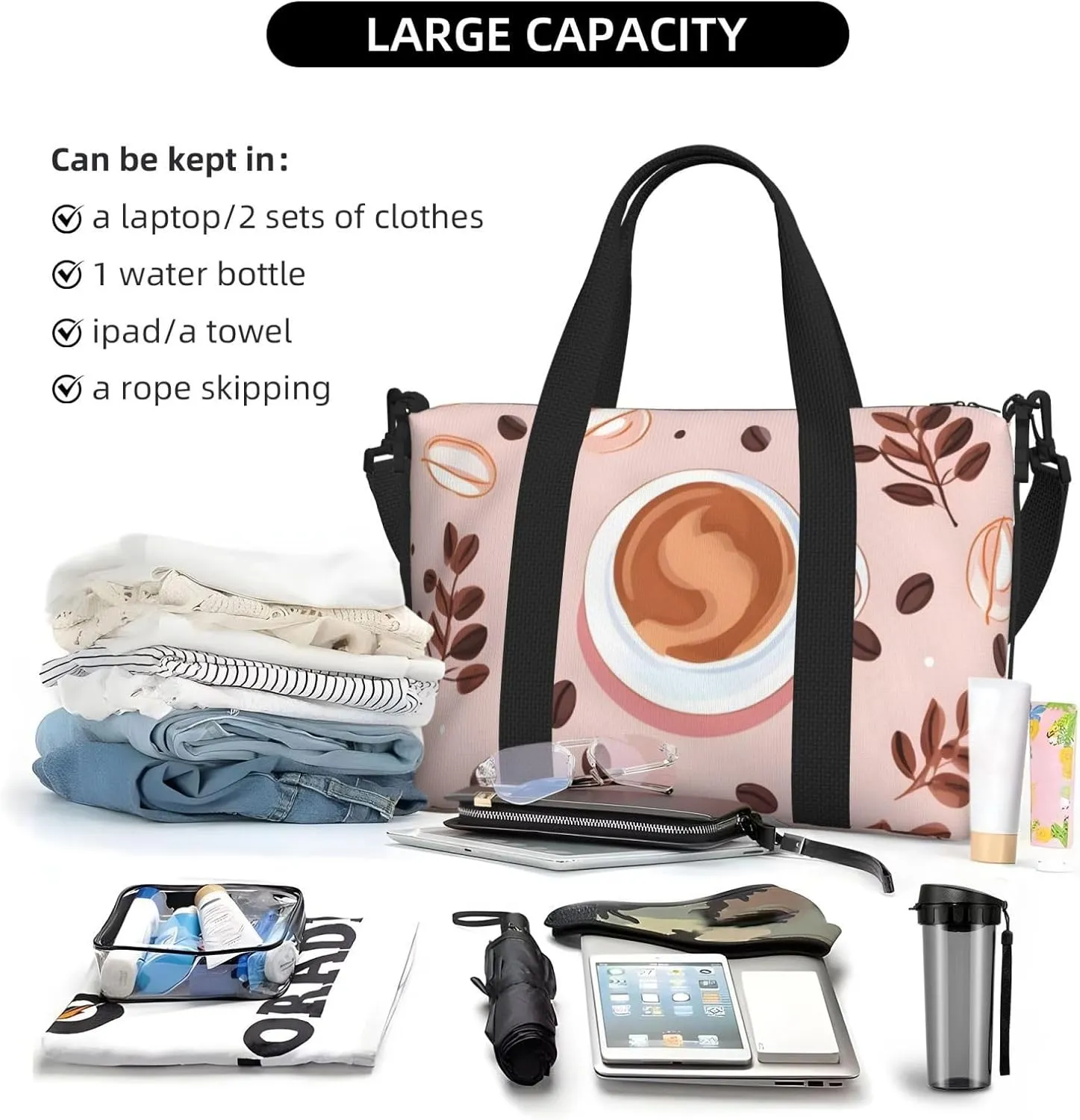 Travel Duffle Bag Coffee Bean Leaf Weekender Overnight Bags Luggage Bag for Women Men Waterproof Sports Gym Bag Hand Bag with Shoulder Strap