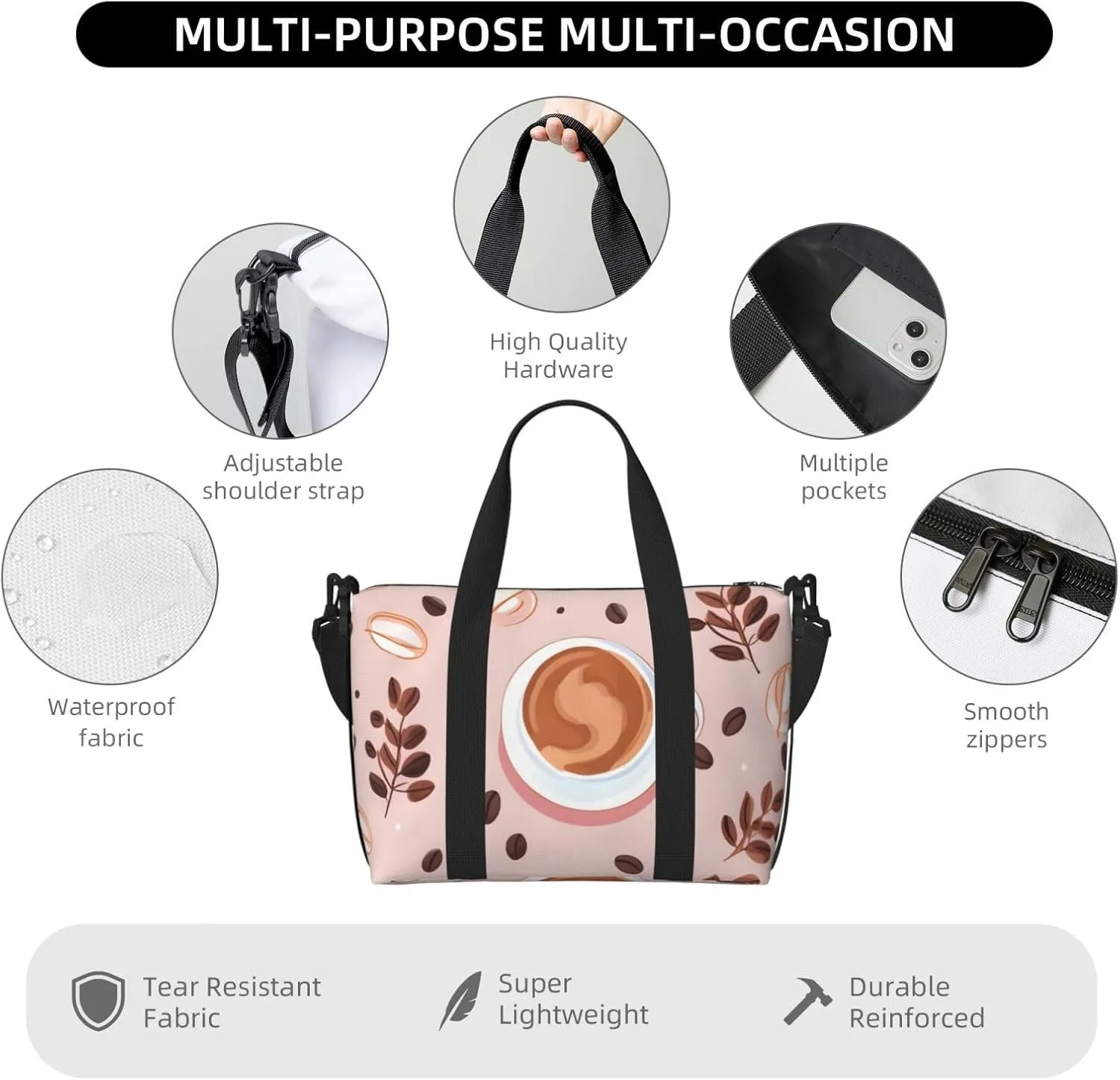 Travel Duffle Bag Coffee Bean Leaf Weekender Overnight Bags Luggage Bag for Women Men Waterproof Sports Gym Bag Hand Bag with Shoulder Strap
