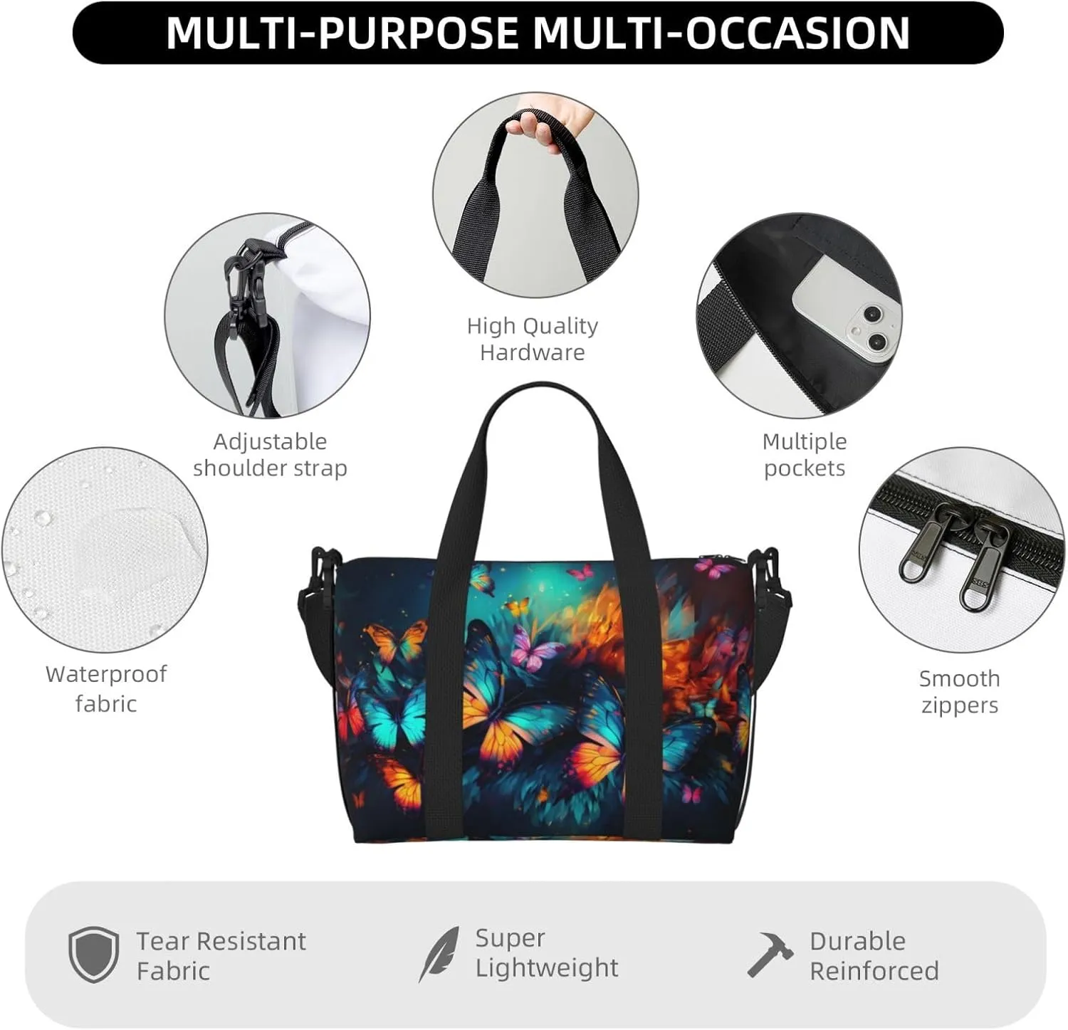 Travel Duffle Bag Colorful Butterflies Animal Weekender Overnight Bags Luggage Bag for Women Men Waterproof Sports Gym Bag Hand Bag with Shoulder Strap