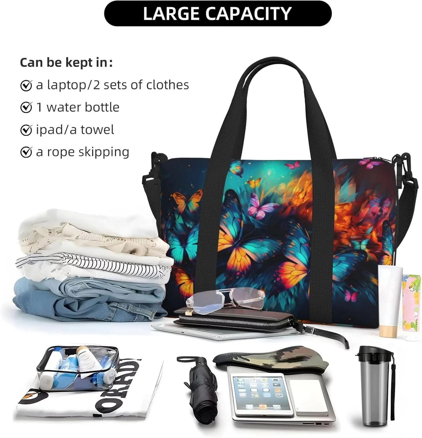 Travel Duffle Bag Colorful Butterflies Animal Weekender Overnight Bags Luggage Bag for Women Men Waterproof Sports Gym Bag Hand Bag with Shoulder Strap