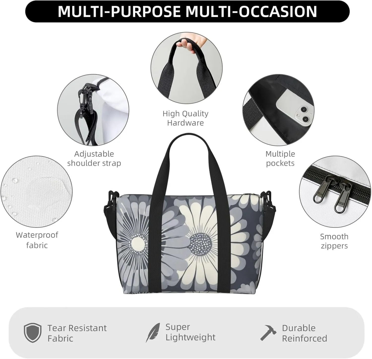 Travel Duffle Bag Daisy Grey White Weekender Overnight Bags Luggage Bag for Women Men Waterproof Sports Gym Bag Hand Bag with Shoulder Strap