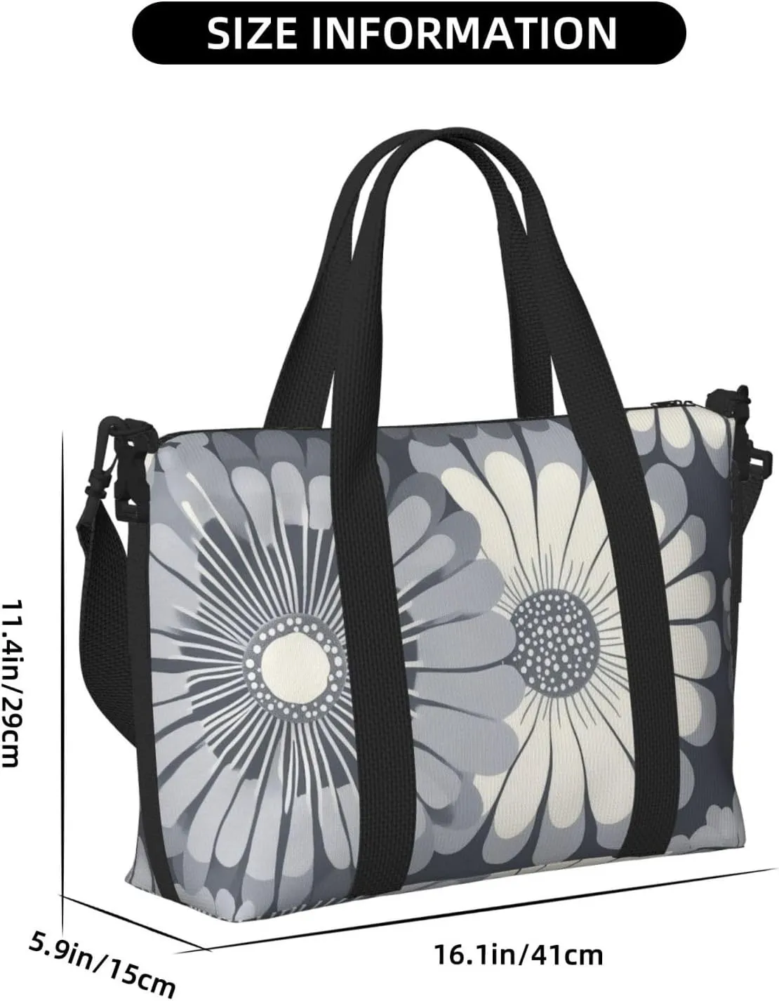 Travel Duffle Bag Daisy Grey White Weekender Overnight Bags Luggage Bag for Women Men Waterproof Sports Gym Bag Hand Bag with Shoulder Strap