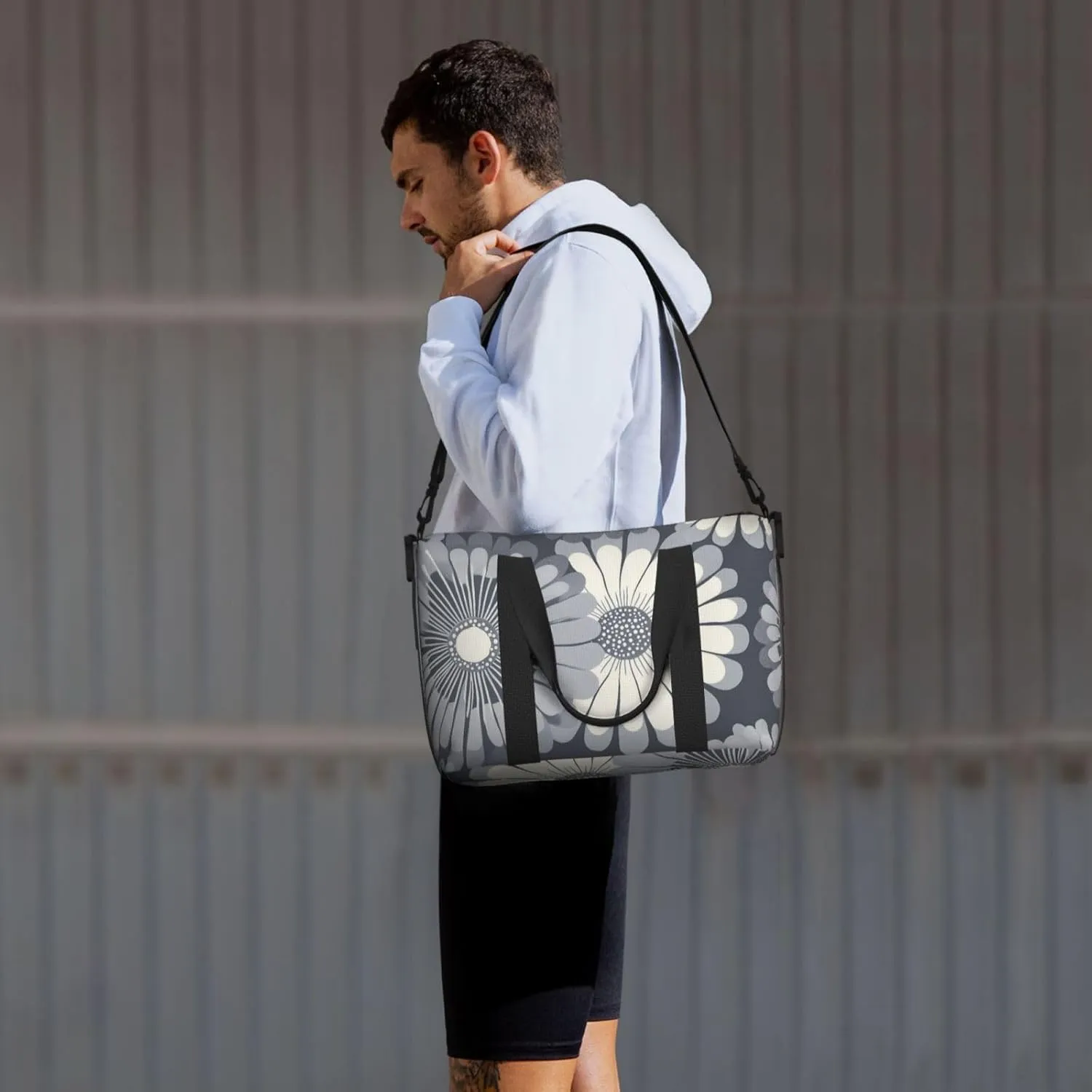 Travel Duffle Bag Daisy Grey White Weekender Overnight Bags Luggage Bag for Women Men Waterproof Sports Gym Bag Hand Bag with Shoulder Strap