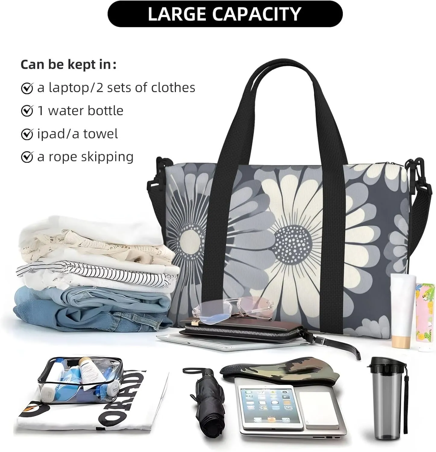 Travel Duffle Bag Daisy Grey White Weekender Overnight Bags Luggage Bag for Women Men Waterproof Sports Gym Bag Hand Bag with Shoulder Strap