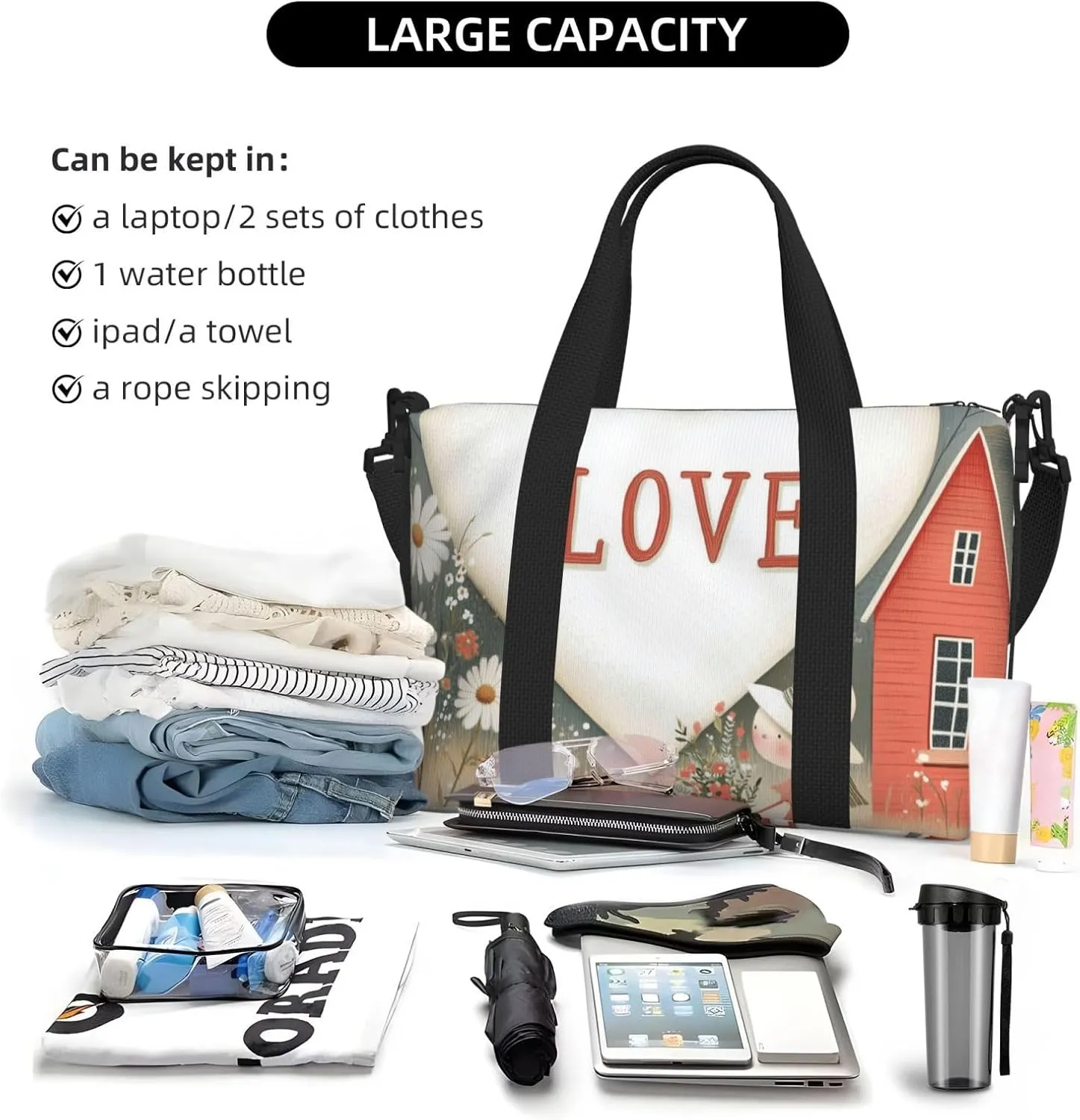 Travel Duffle Bag Daisy House Girl Weekender Overnight Bags Luggage Bag for Women Men Waterproof Sports Gym Bag Hand Bag with Shoulder Strap