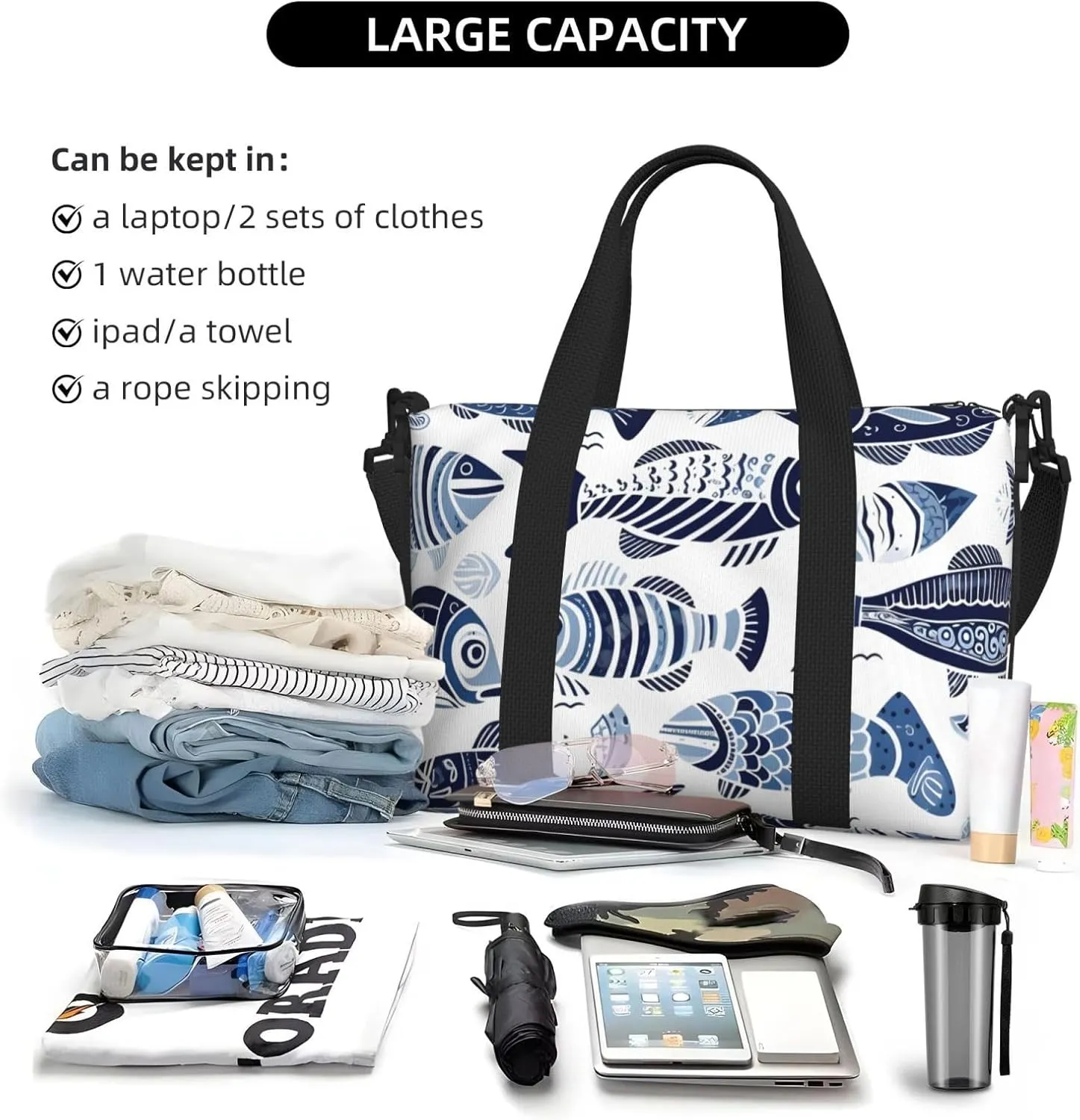 Travel Duffle Bag Ethnic Sea Fish Weekender Overnight Bags Luggage Bag for Women Men Waterproof Sports Gym Bag Hand Bag with Shoulder Strap