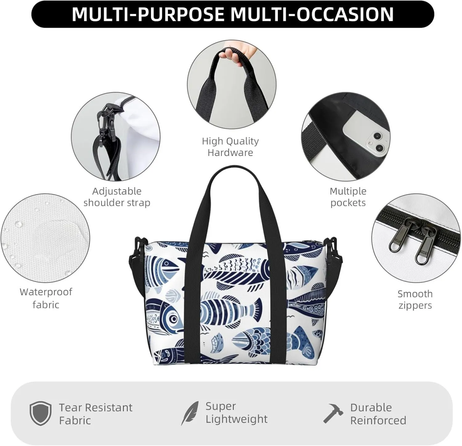 Travel Duffle Bag Ethnic Sea Fish Weekender Overnight Bags Luggage Bag for Women Men Waterproof Sports Gym Bag Hand Bag with Shoulder Strap