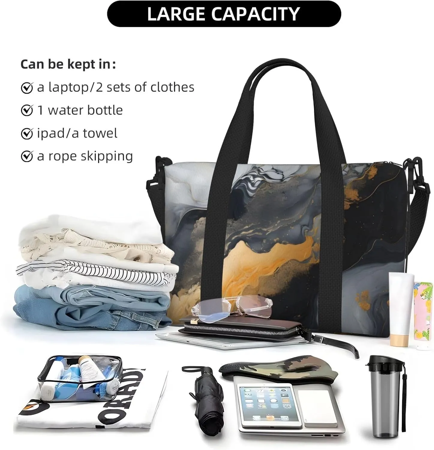 Travel Duffle Bag Marble Golden Black Texture Weekender Overnight Bags Luggage Bag for Women Men Waterproof Sports Gym Bag Hand Bag with Shoulder Strap