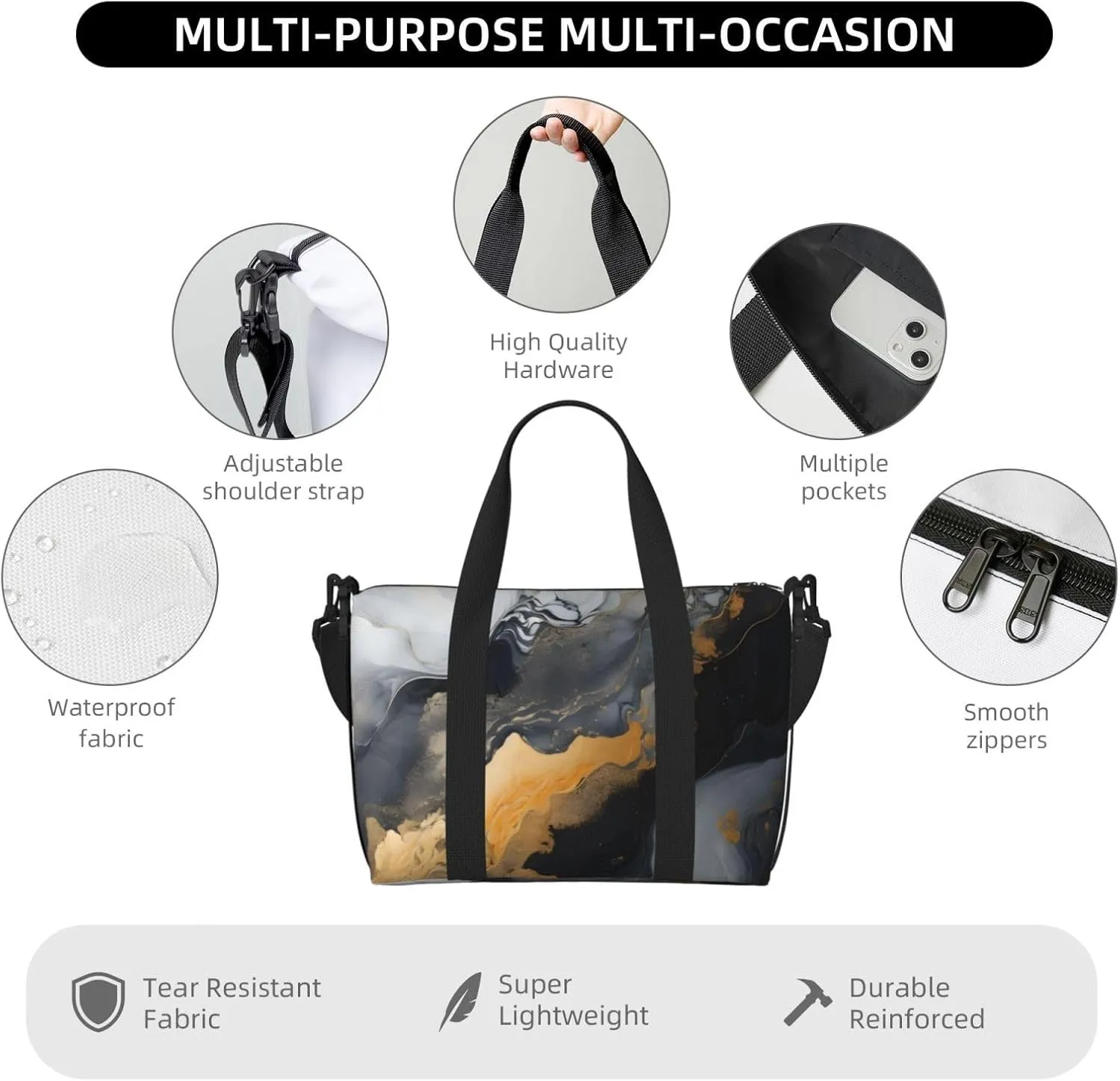Travel Duffle Bag Marble Golden Black Texture Weekender Overnight Bags Luggage Bag for Women Men Waterproof Sports Gym Bag Hand Bag with Shoulder Strap
