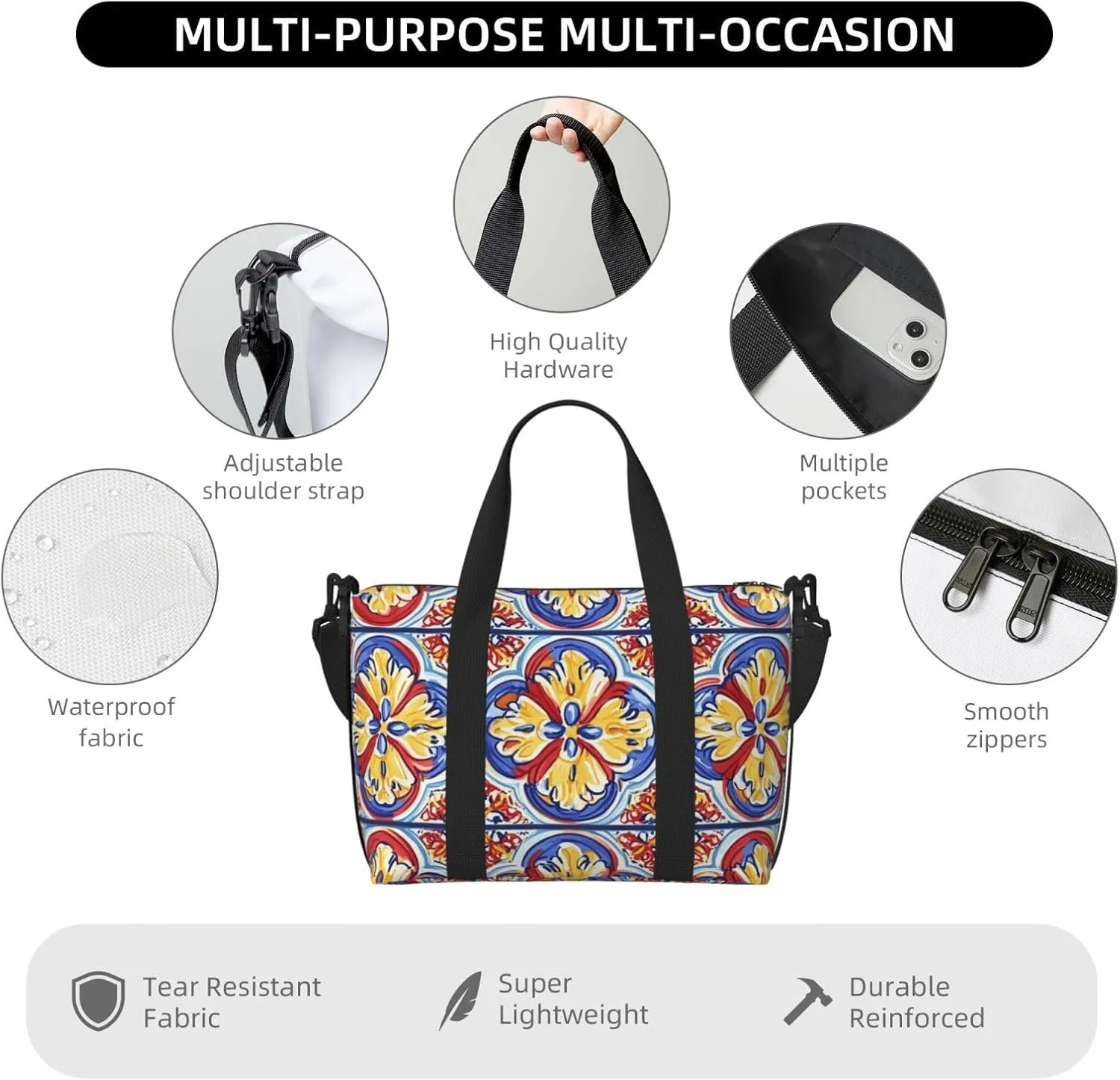 Travel Duffle Bag Mexican Talavera Pattern Weekender Overnight Bags Luggage Bag for Women Men Waterproof Sports Gym Bag Hand Bag with Shoulder Strap