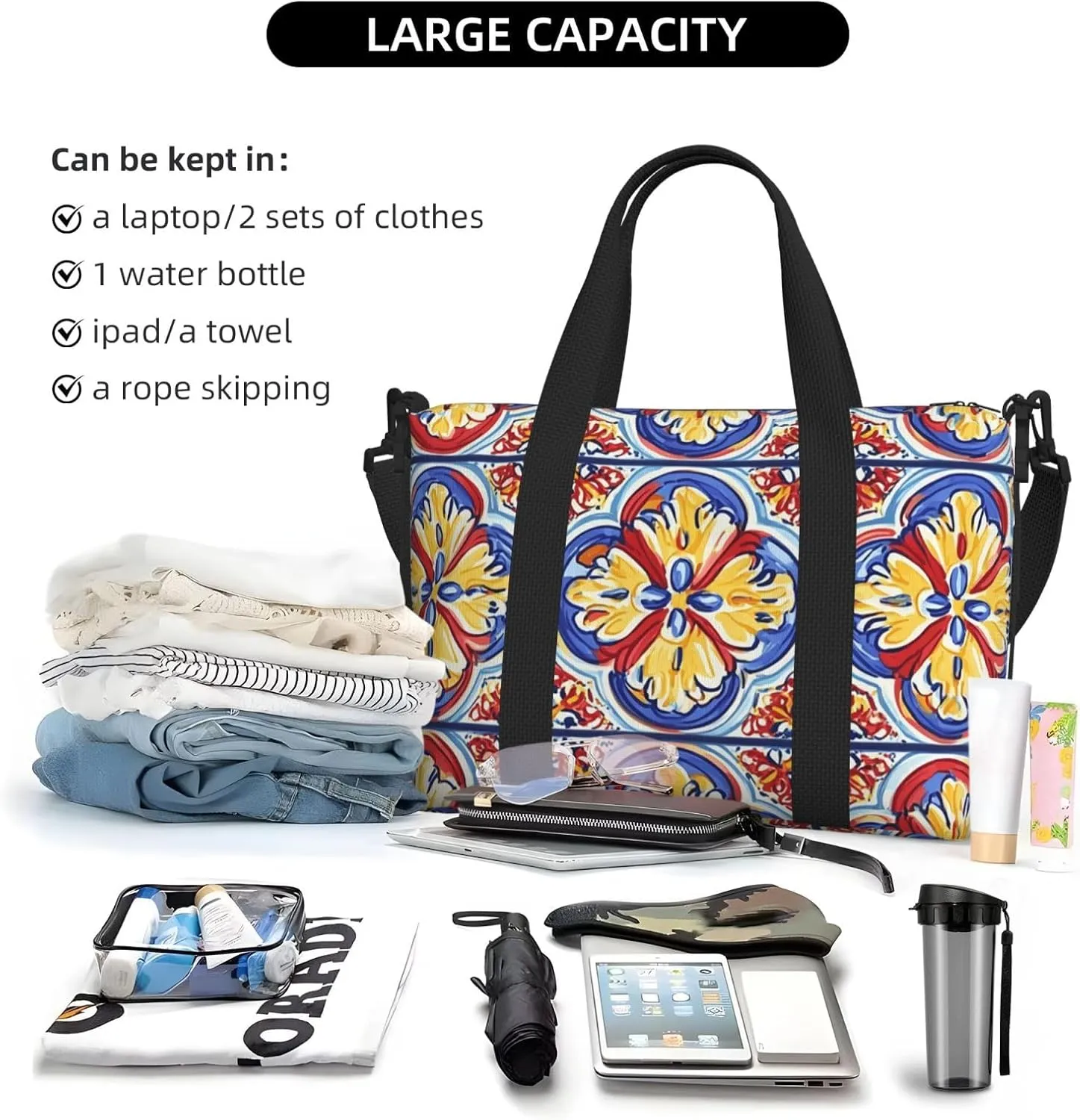 Travel Duffle Bag Mexican Talavera Pattern Weekender Overnight Bags Luggage Bag for Women Men Waterproof Sports Gym Bag Hand Bag with Shoulder Strap