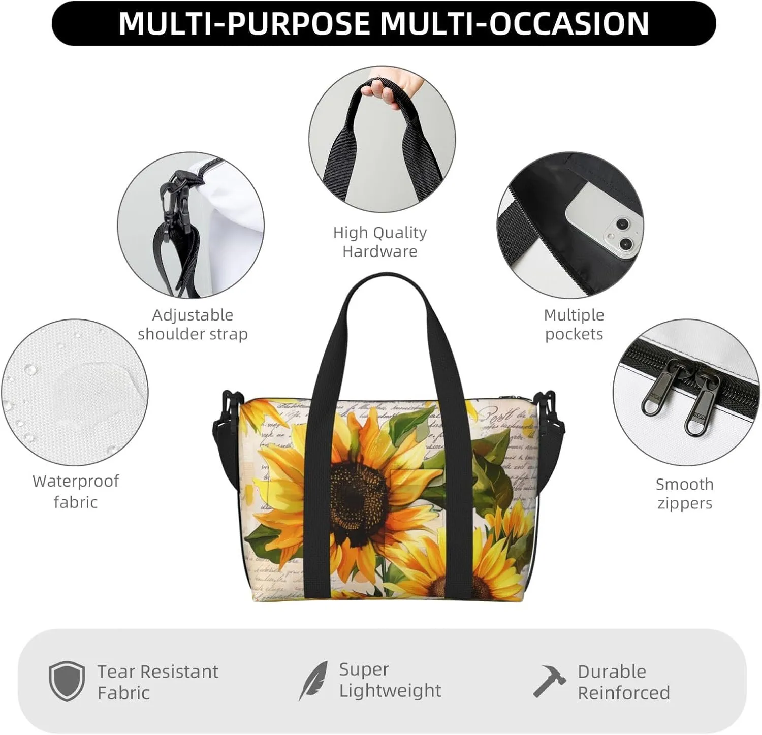 Travel Duffle Bag Retro Sunflower Nespaper Weekender Overnight Bags Luggage Bag for Women Men Waterproof Sports Gym Bag Hand Bag with Shoulder Strap