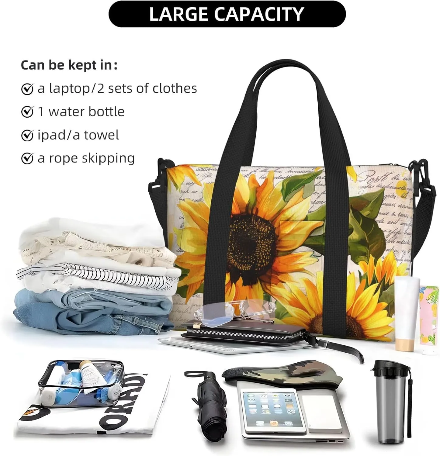 Travel Duffle Bag Retro Sunflower Nespaper Weekender Overnight Bags Luggage Bag for Women Men Waterproof Sports Gym Bag Hand Bag with Shoulder Strap