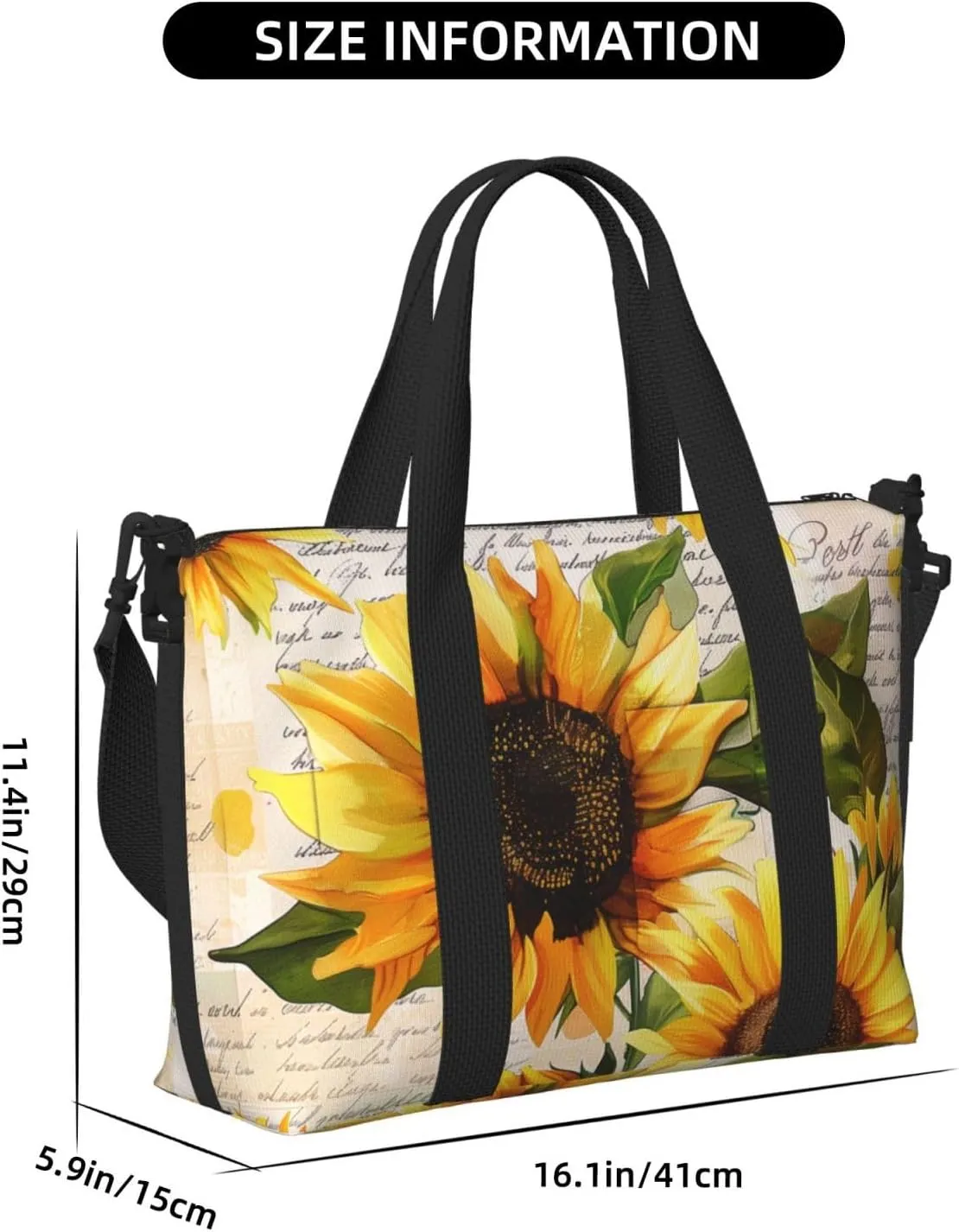Travel Duffle Bag Retro Sunflower Nespaper Weekender Overnight Bags Luggage Bag for Women Men Waterproof Sports Gym Bag Hand Bag with Shoulder Strap