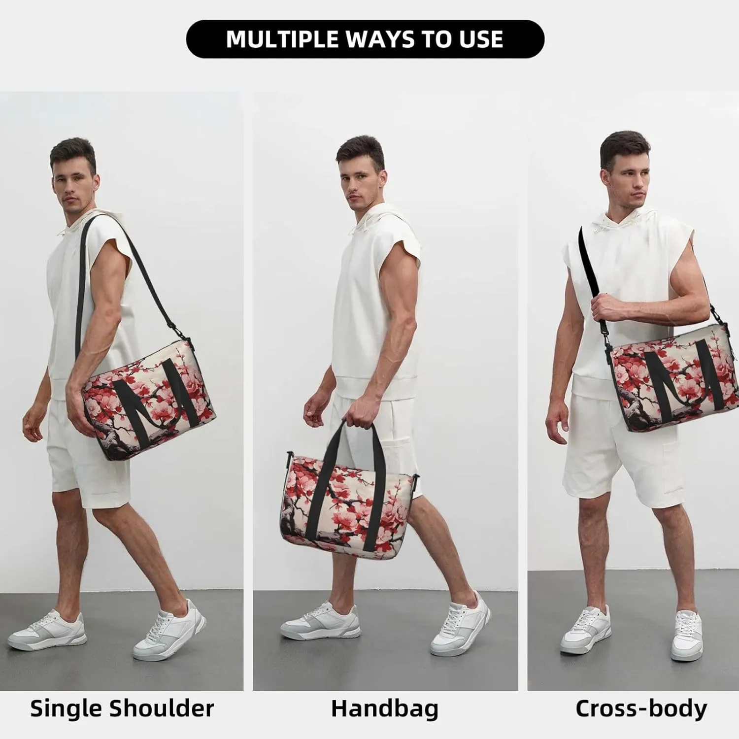 Travel Duffle Bag Weekender Bags for Men Women Adjustable Large Capacity Weekender Overnight Bag Carry On Tote Bags Waterproof Sport Gym Bag for Travel Yoga, Japanese Floral Cherry Blossom, One Size