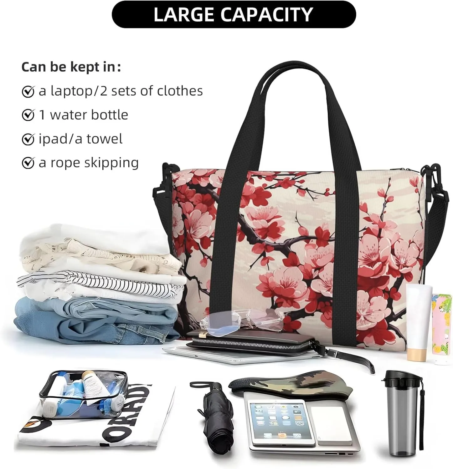 Travel Duffle Bag Weekender Bags for Men Women Adjustable Large Capacity Weekender Overnight Bag Carry On Tote Bags Waterproof Sport Gym Bag for Travel Yoga, Japanese Floral Cherry Blossom, One Size