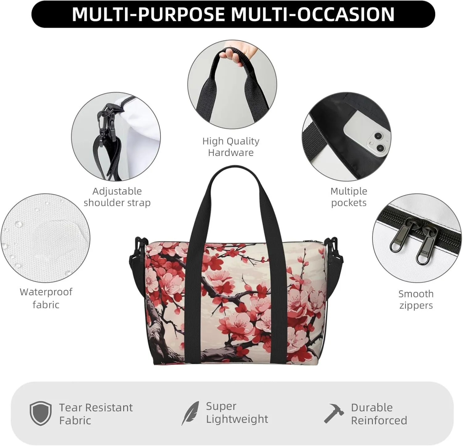 Travel Duffle Bag Weekender Bags for Men Women Adjustable Large Capacity Weekender Overnight Bag Carry On Tote Bags Waterproof Sport Gym Bag for Travel Yoga, Japanese Floral Cherry Blossom, One Size