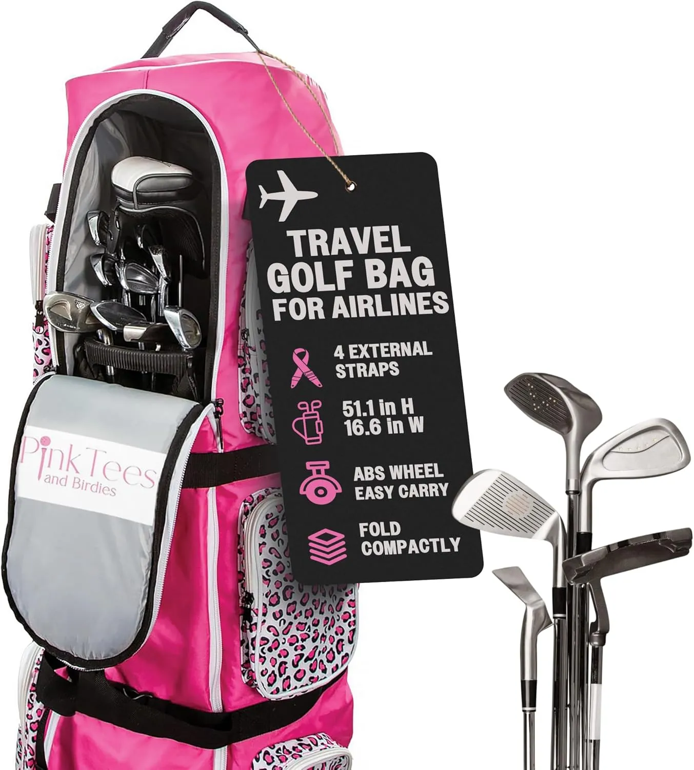 Travel Golf Bag for Airlines, 600D Heavy-Duty Oxford with Wheels, Pockets, Industrial Zipper, Straps, Handles - Lightweight & Foldable, Padded Protection - Pink Golf Travel Bag for Women