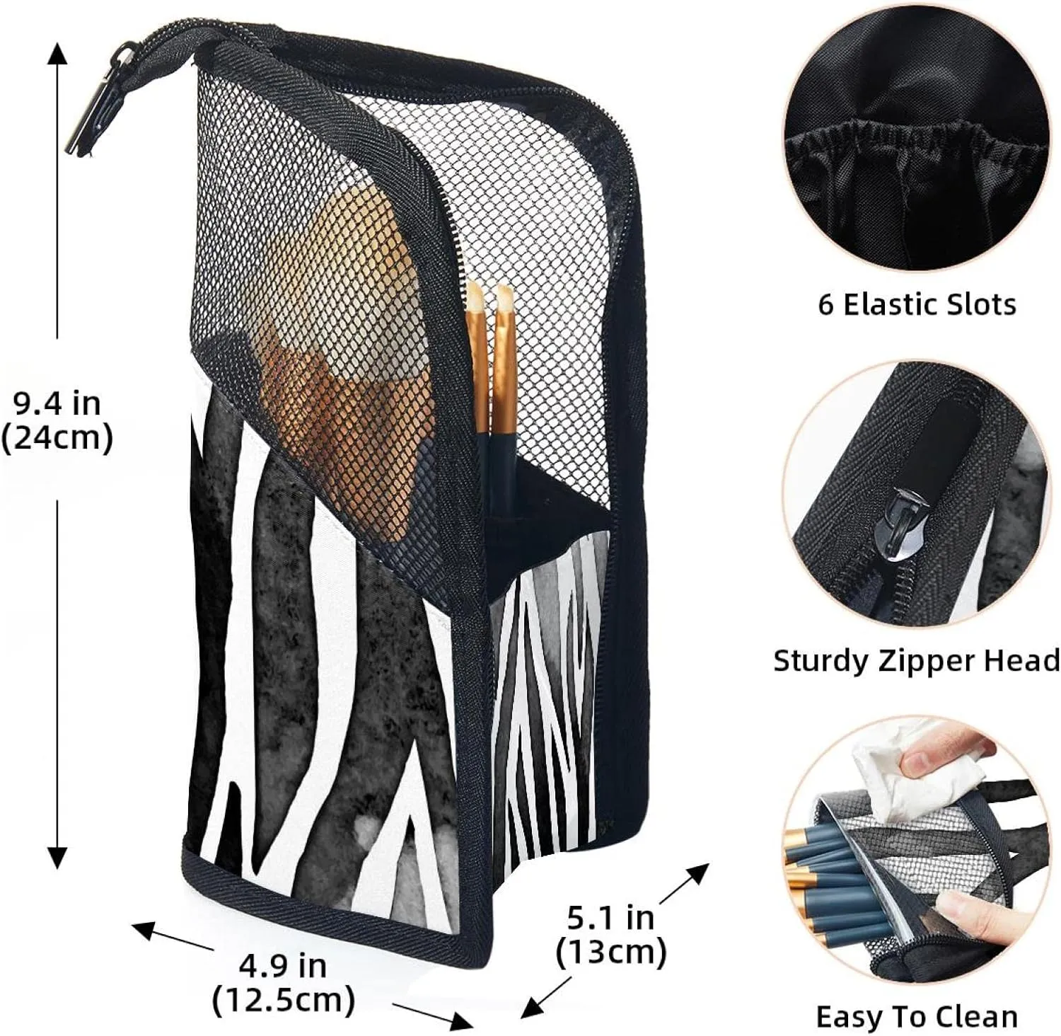 Travel Makeup Brush Holder, Large Stand-Up Makeup Brush Case, Professional Brush Organizer Foldable Makeup Artist Brush Storage Bag - Aesthetic Zebra Print Black White