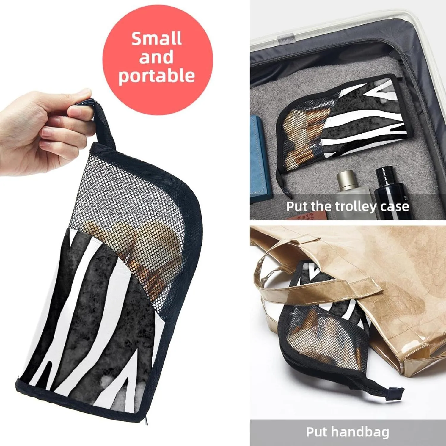 Travel Makeup Brush Holder, Large Stand-Up Makeup Brush Case, Professional Brush Organizer Foldable Makeup Artist Brush Storage Bag - Aesthetic Zebra Print Black White