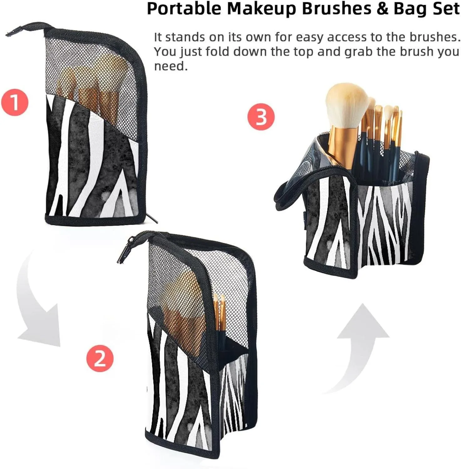 Travel Makeup Brush Holder, Large Stand-Up Makeup Brush Case, Professional Brush Organizer Foldable Makeup Artist Brush Storage Bag - Aesthetic Zebra Print Black White